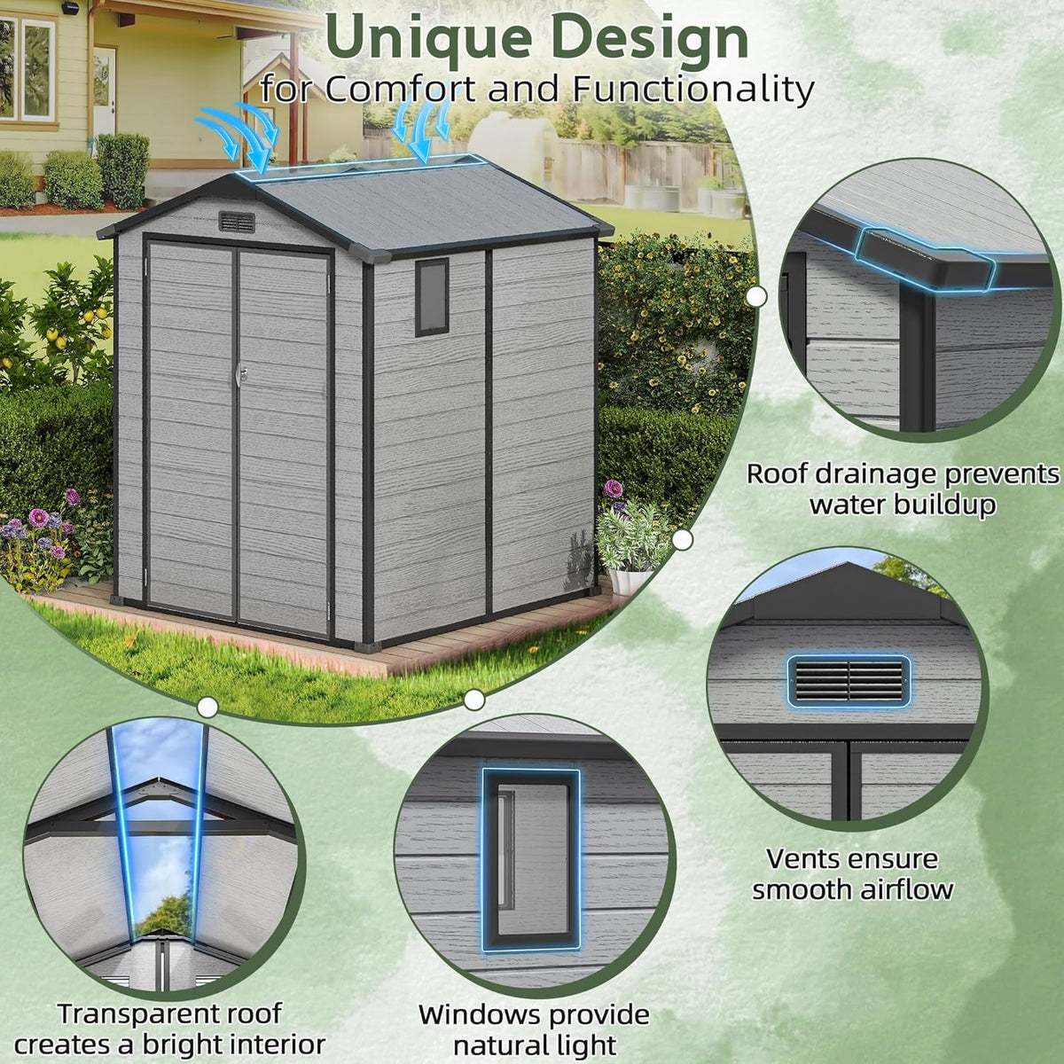 5.8x5.6 FT Plastic Outdoor Storage Shed with Transparent Roof, Easy Assembly Resin Shed with Floor & Windows Lockable Double Doors Shed for Your Backyard Garden Patio Lawn
