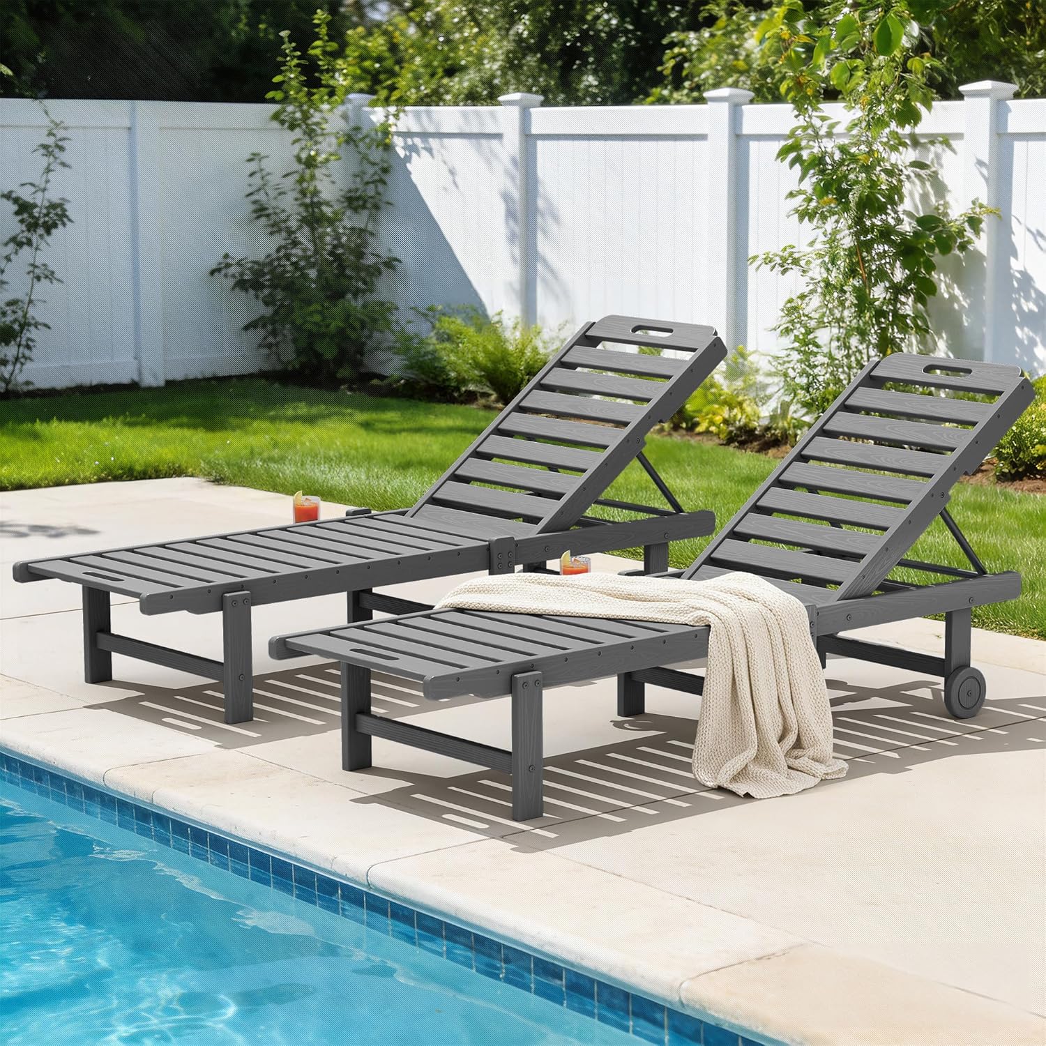 SERWALL Outdoor Chaise Lounge Set of 2, All-Weather HDPE Pool Lounge Chairs with 5-Position Adjustable Reclining Backrest, Rolling Wheels & Cup Holder for Poolside, Grey