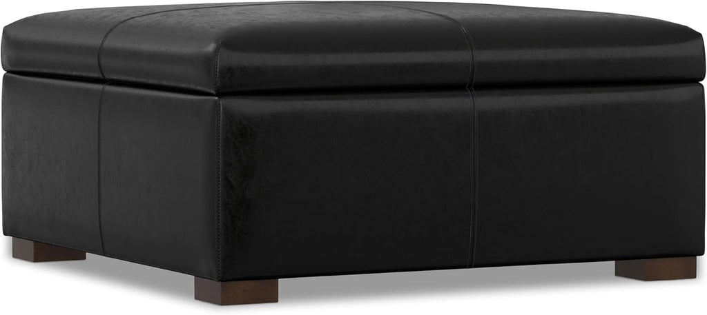 SIMPLIHOME Gabbie Storage Ottoman - 48 inch Wide Upholstered Vegan Leather Rectangle Storage Ottoman Bench in Midnight Black, Contemporary Ottoman for Living Room with Lift-Up Lid