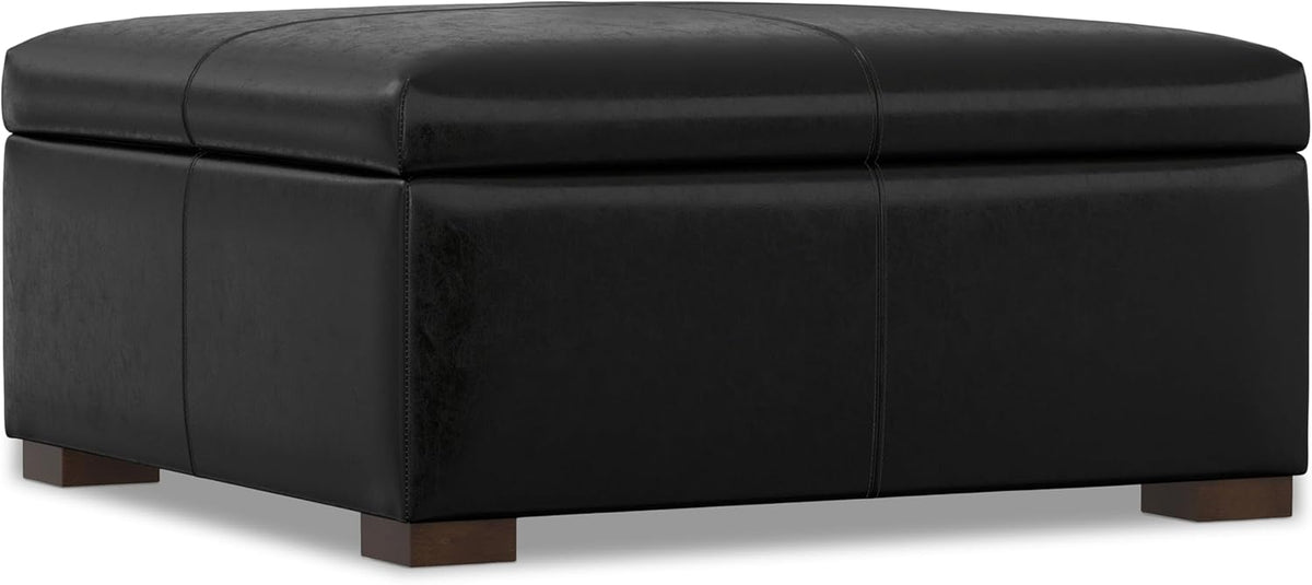 SIMPLIHOME Gabbie Storage Ottoman - 48 inch Wide Upholstered Vegan Leather Rectangle Storage Ottoman Bench in Midnight Black, Contemporary Ottoman for Living Room with Lift-Up Lid
