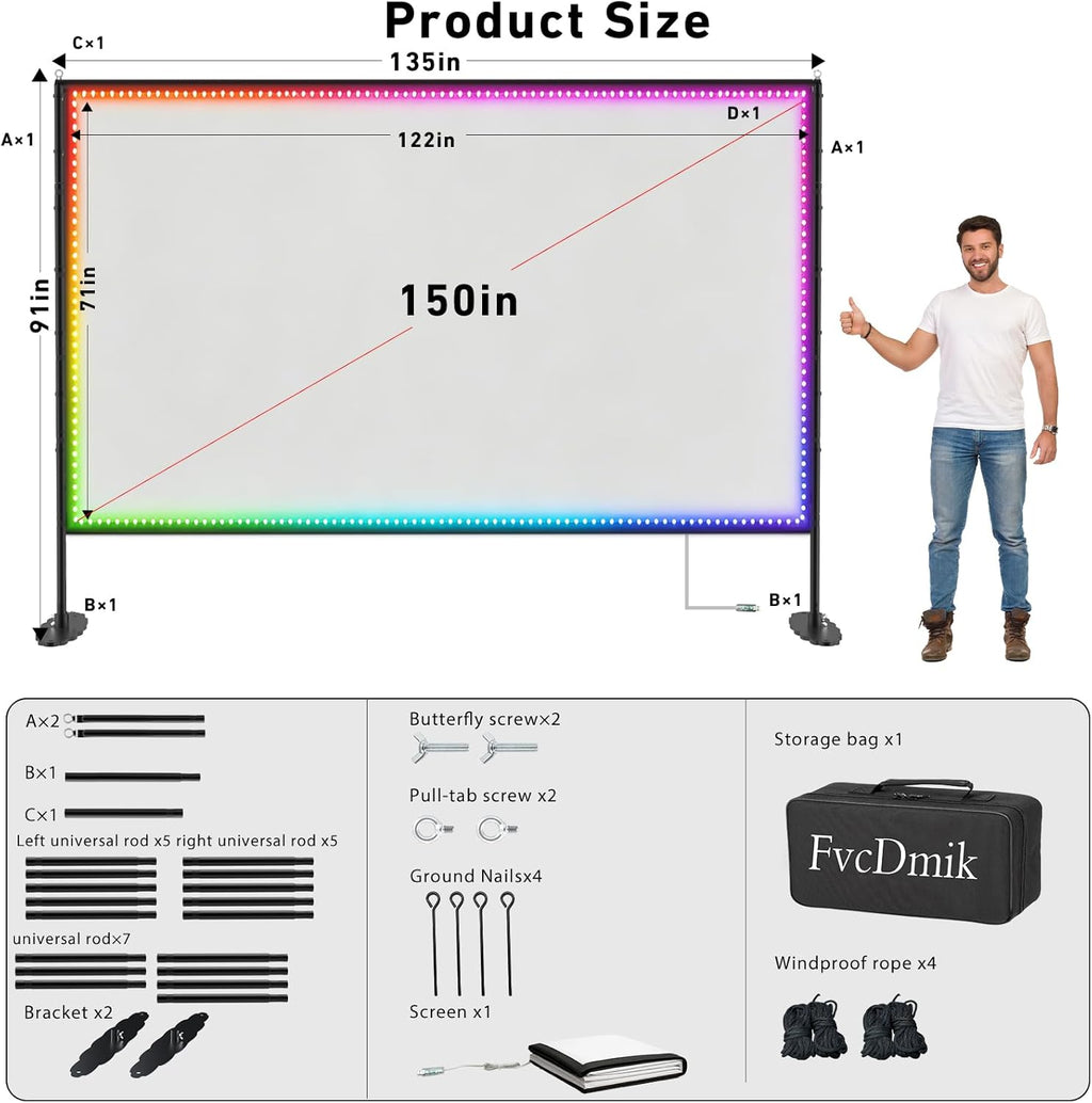 150 inch Projector Screen with Stand, USB String Lights Connection 16:9 4K HD Portable Movie Screen Indoor Outdoor,Wrinkle-Free Foldable Projection Screen for Home Theater Backyard, Office, Travel