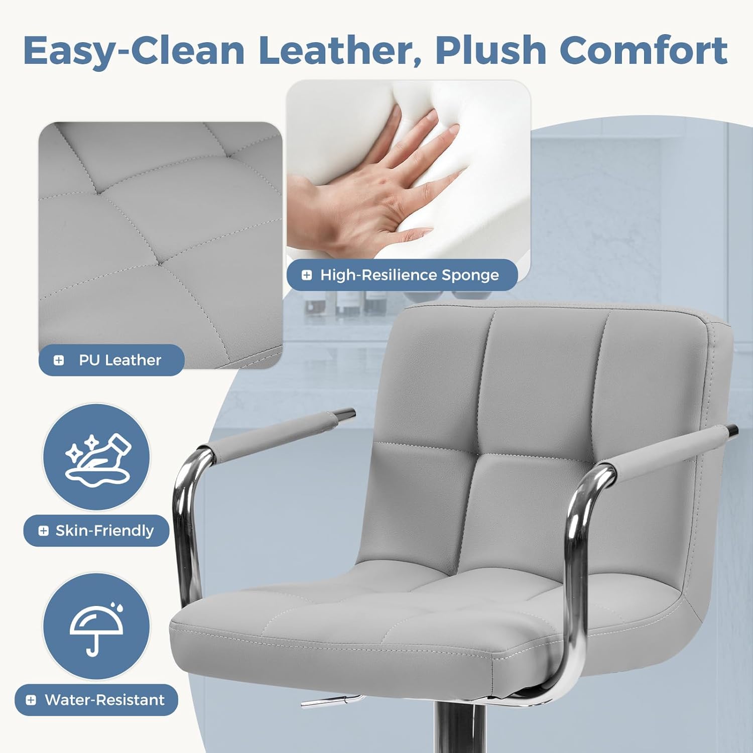 DUMOS Bar Stools Set of 4, Adjustable Swivel Bar Chairs with Padded Armrests and Ergonomic Backrest for Kitchen Island Counter Pub Dining Room, Water-Resistant PU Leather, Grey