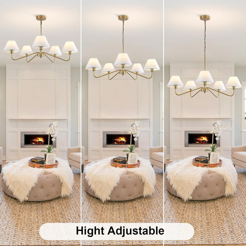5-Light Gold Chandelier, 31.5" Brass Modern Chandeliers with White Fabric Shade, Classic Farmhouse Ceiling Light Fixture, Adjustable Pendant Light for Kitchen Living Room Dining Room Bedroom Entryway