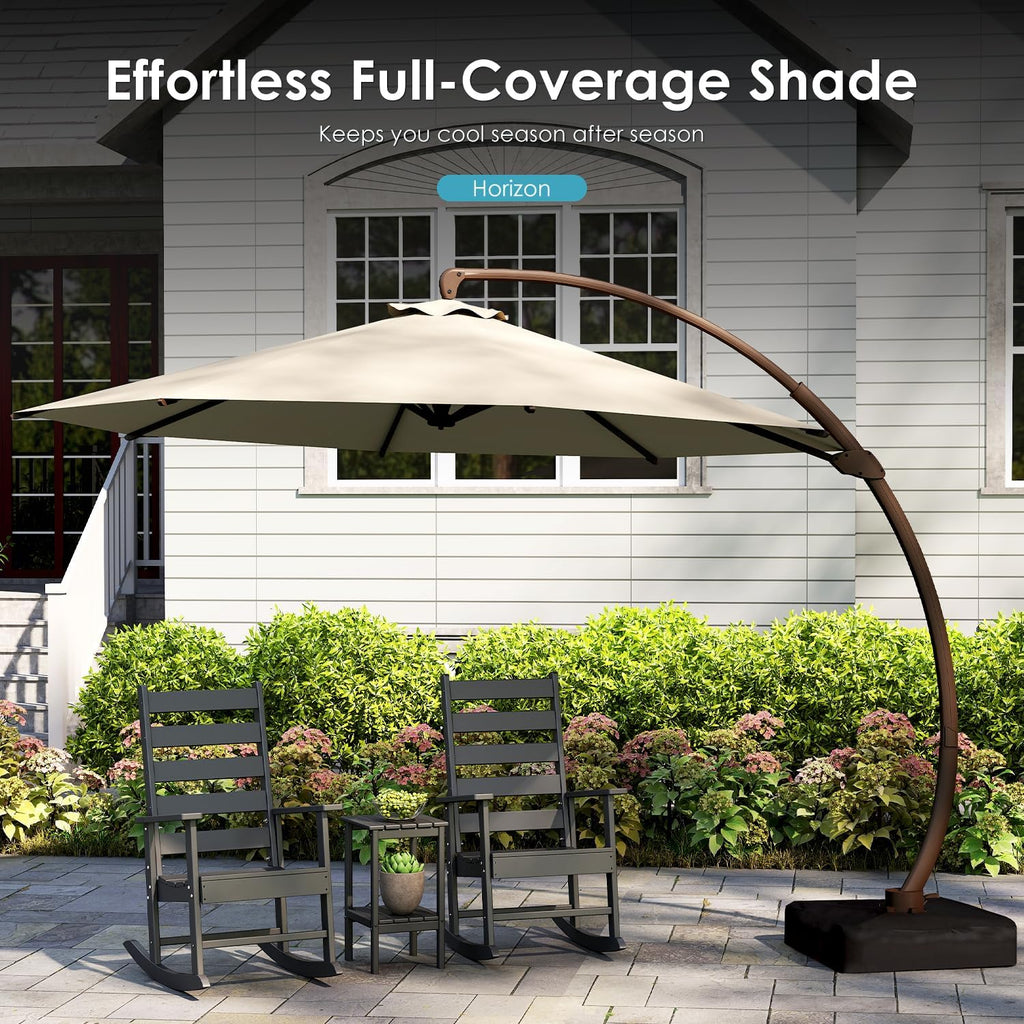 GREENVINES 11-FT-Patio-Offset-Cantilever-Umbrella | Outdoor Large Umbrellas with Base | Aluminum Ribs | Heavy Duty | Curvy | 360°Rotation | for Pool Garden Backyard Deck Lawn | Tan