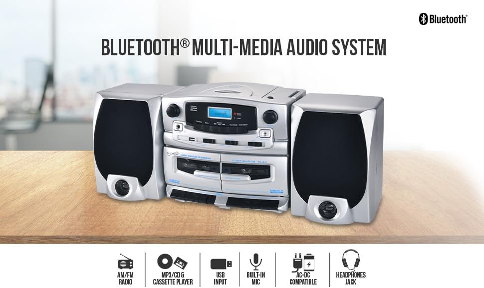 Supersonic SC-2121BT Bluetooth Entertainment Audio System, Bluetooth 5.0, op Loading MP3/CD Player, AM/FM Radio, USB Input, Double Cassette Recorder, High-Performance Detachable Speakers, AC/DC