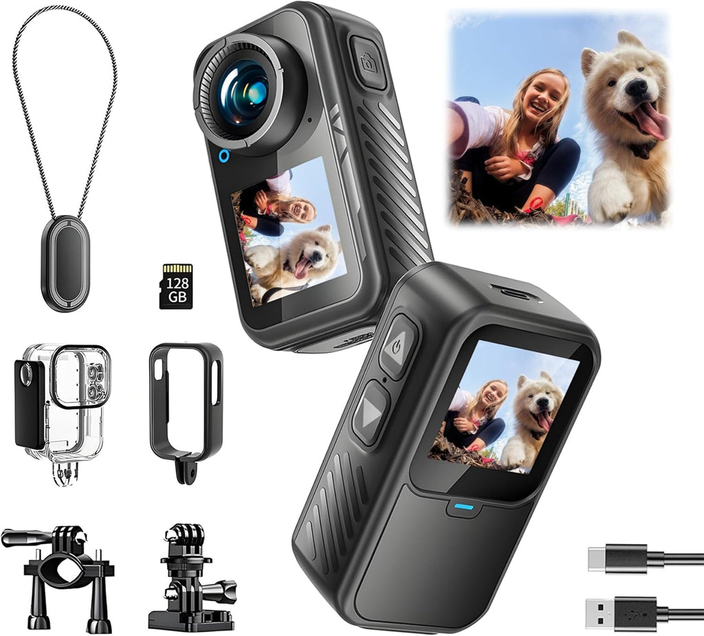4K Mini Action Camera, EIS Stabilization, 130° Wide Angle, Dual Touchscreen, Pre-Record, Waterproof for Vlogging, Outdoor Adventures(Black, 128, GB)