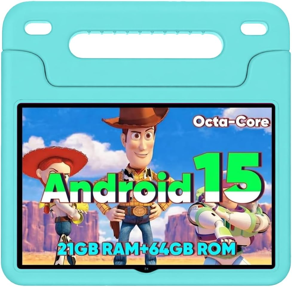 WXUNJA Android 15 Kids Tablet, 2025 Upgraded 10.1 Inch Tablets with Octa-core Processor, 6000mAh Battery, Kid Space, Parental Control,Pre-Loaded Kids Apps, 2.4/5GHZ Dual WiFi, Case Included, Green