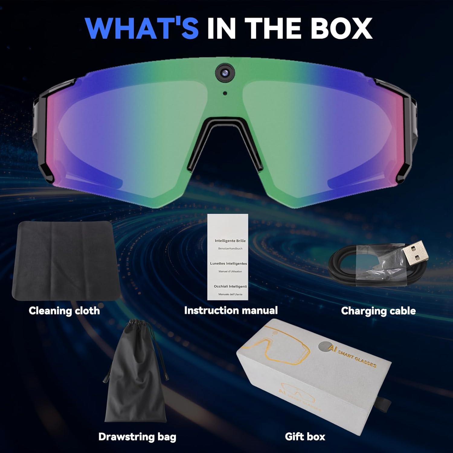 AI Smart Glasses with 32MP Camera, Video Recording Glasses with Voice Control, Built-in Microphone, AI Voice Assistant, UV Protection, for Cycling & Hiking