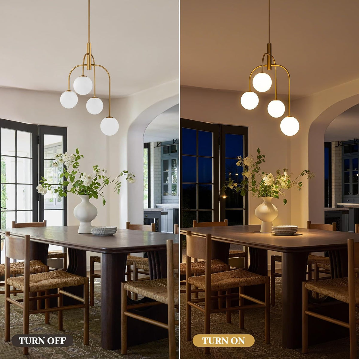 LamQee 4 Lights Mid Century Modern Chandelier, Milk Glass Globe Chandelier Light Fixture with Gold Metal & White Ball, Large Pendant Lighting Ceiling Hanging for Dining Room Kitchen Island Entryway