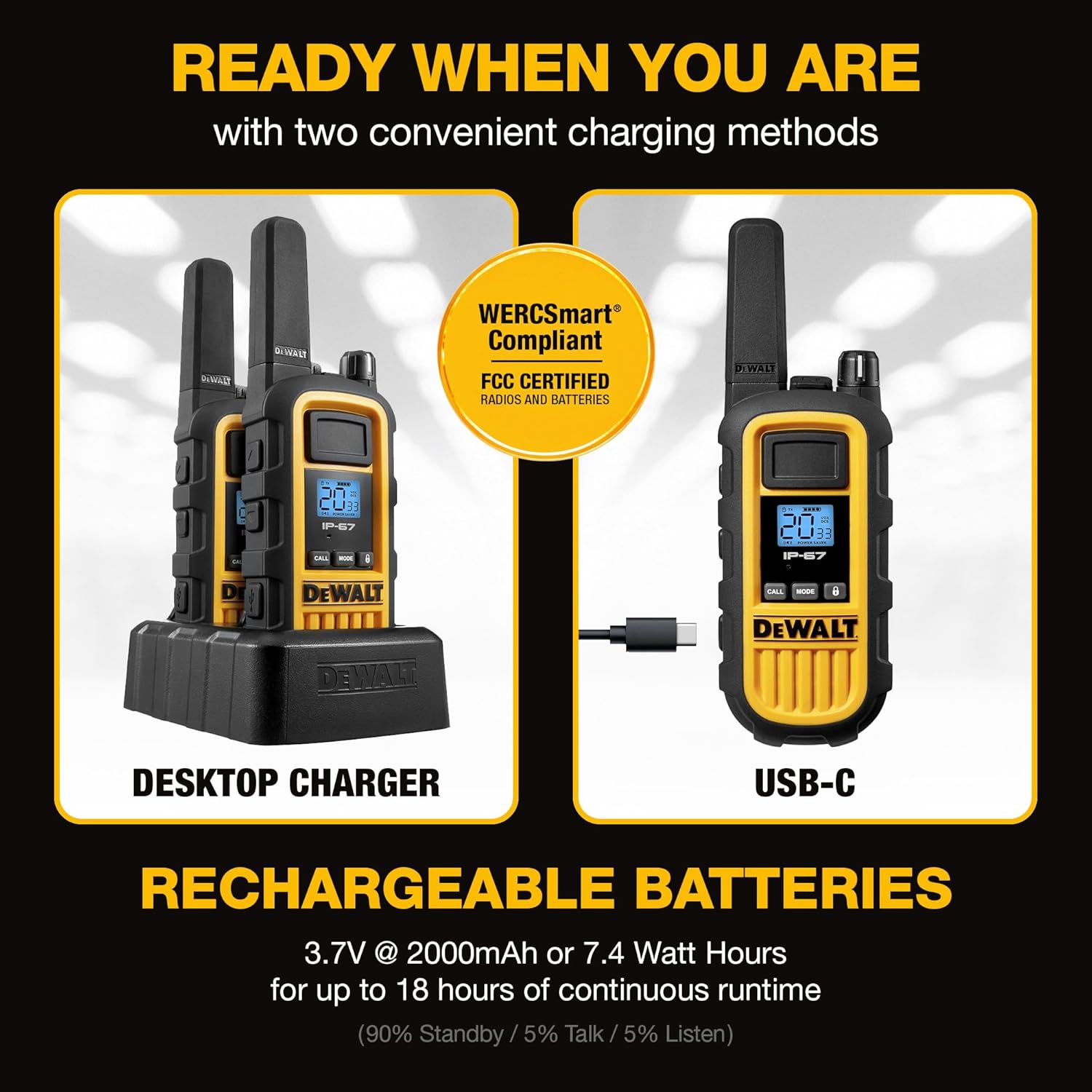 DEWALT DXFRS800 FRS Walkie Talkies, Long Range 2 Way Radio, 2W, IP67 Waterproof, Rechargeable, 2 Pack, DXFRS800