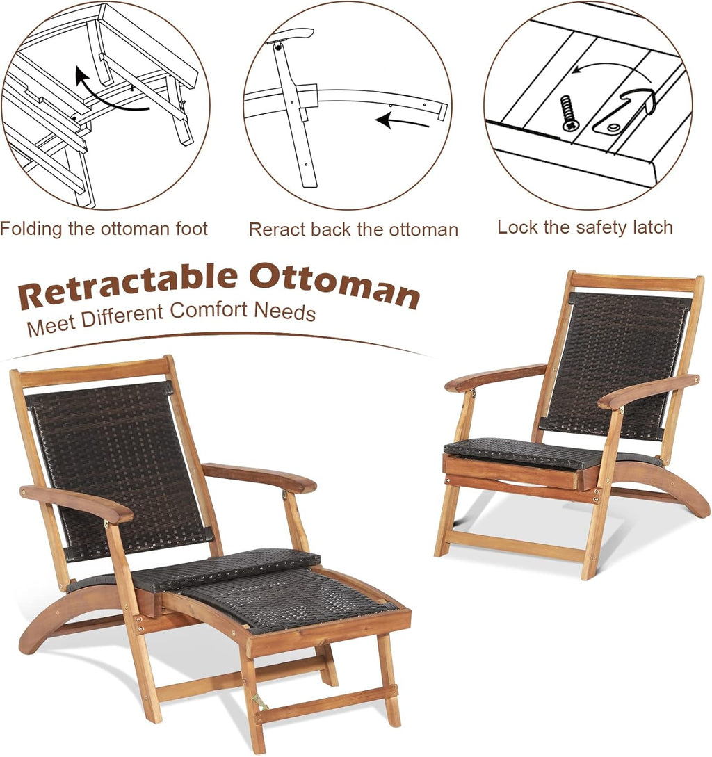 Tangkula Patio Lounge Chair and Side Table Set of 2, Acacia Wood Wicker Folding Table and Armrest Chair with Retractable Ottoman, Acacia Wood Outdoor Chaise Lounger for Garden, Backyard, Poolside (2)