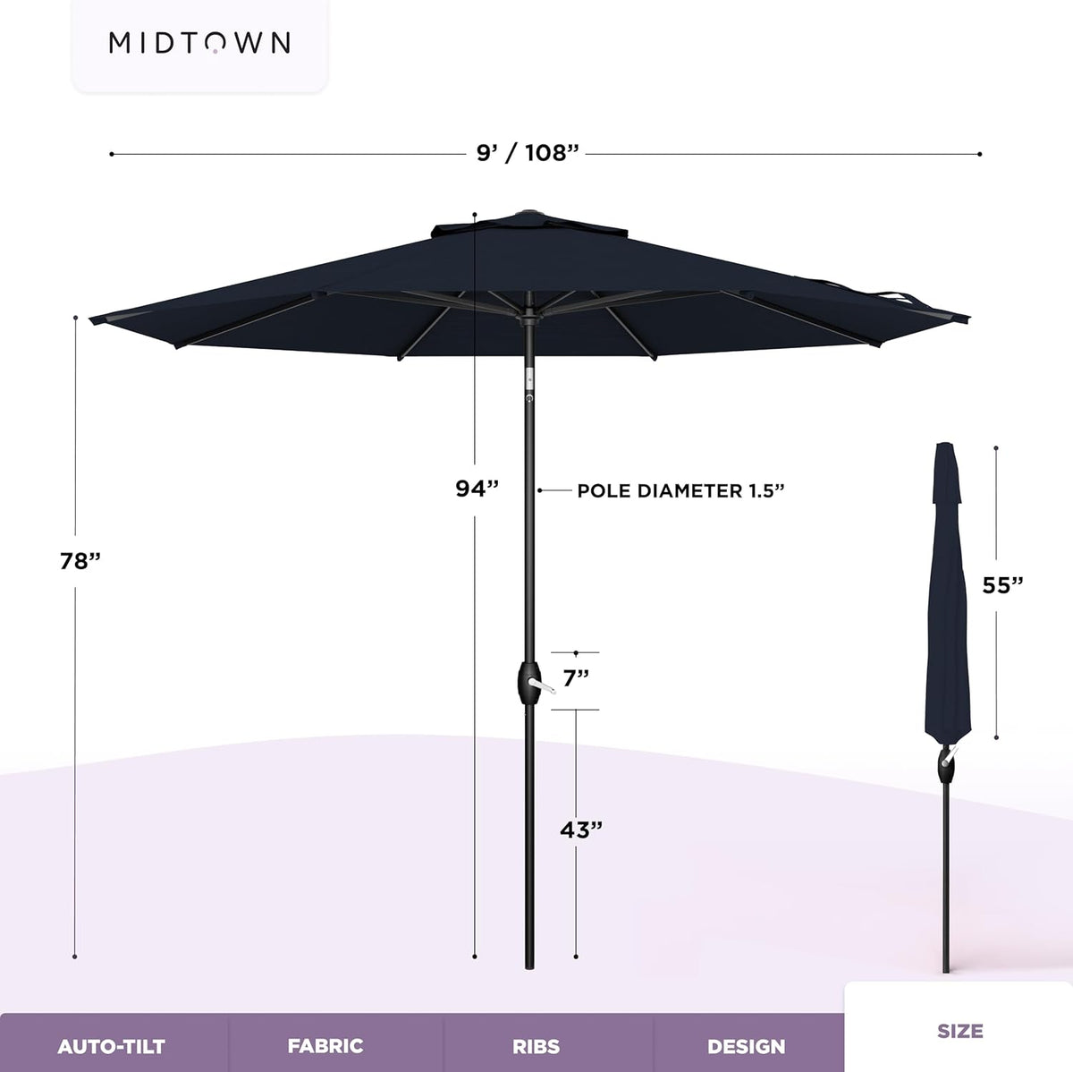 Midtown Umbrellas – The Lean 9 Ft Patio Umbrella with 10-Year-No-Fade Acrylast Acrylic Fabric, Auto-Tilt and 8 Reinforced Ribs for Deck, Pool, Garden, Hotel & Cafes – Harbor Navy Canopy, Black Pole