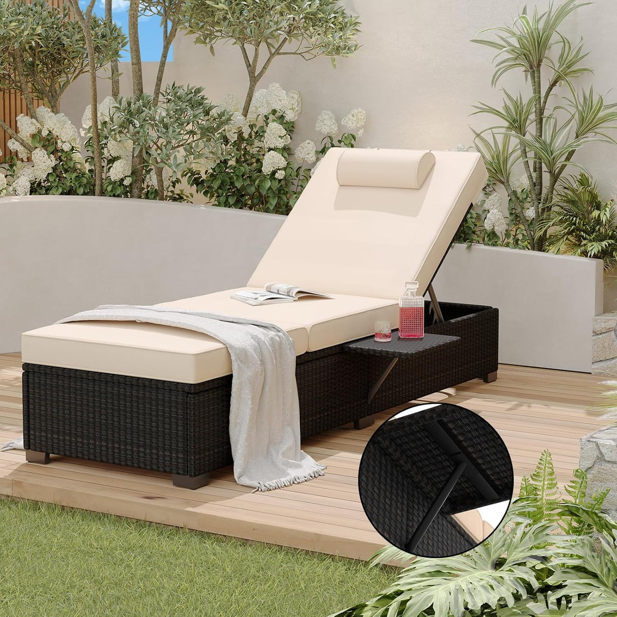 PeakPursuit Patio Lounge Chairs,Outdoor PE Wicker Chaise Lounge Set of 2,Chaise Lounge Chair Outdoor .Pool Furniture,Brown Rattan Recliners with Adjustable Backrest,Storage Table,Beige