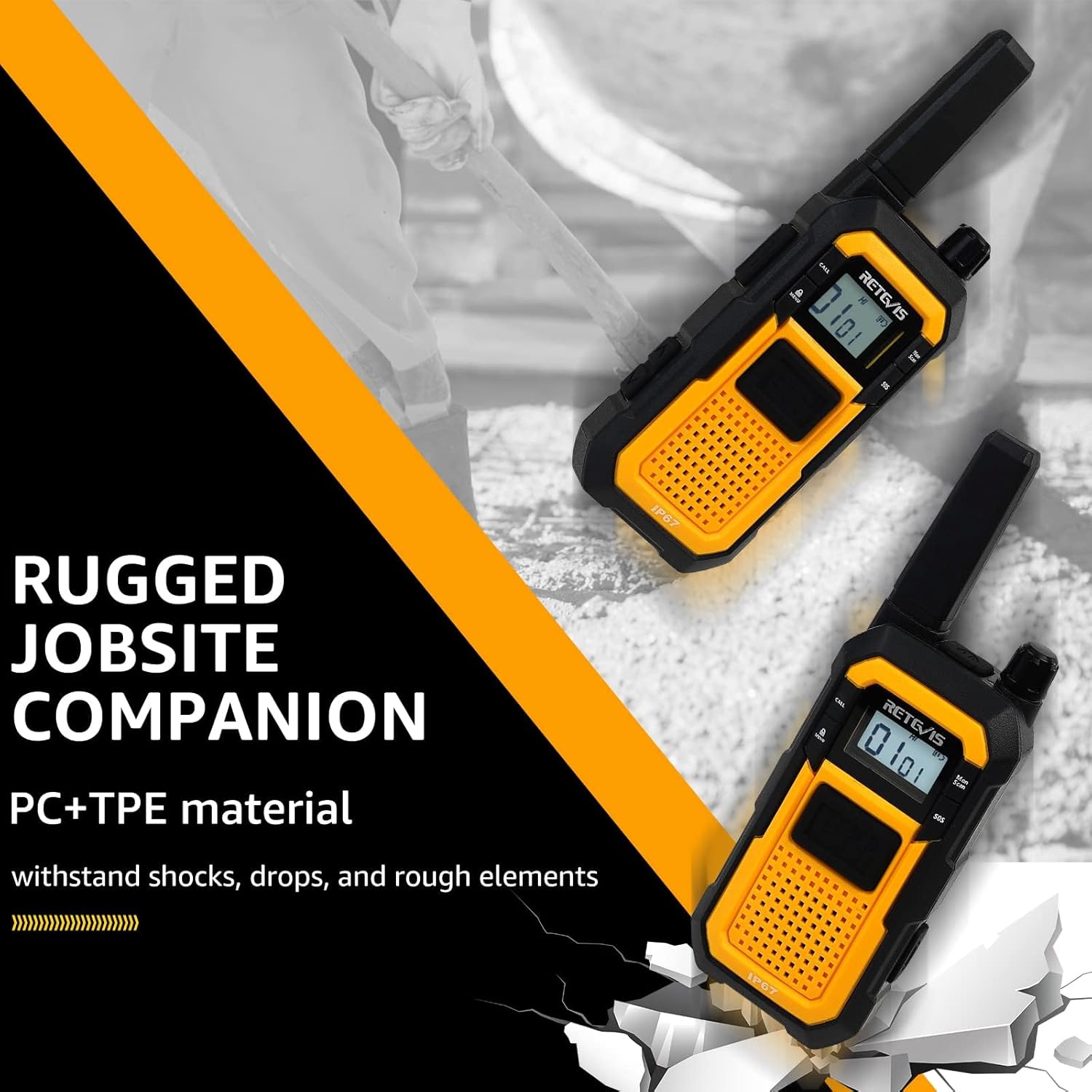 Retevis RB48 IP67 Waterproof Walkie Talkies Long Range, MIL-STD-810H Heavy Duty Two Way Radio, Rugged & Large Front PTT, Vibration Alert, NOAA, Floating, for Construction Job Site (4 Pack) Yellow