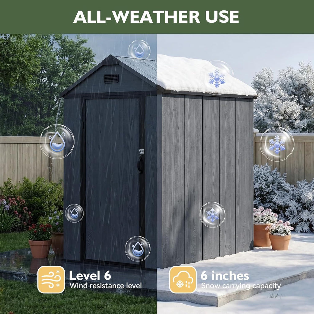 Aoxun 4x6 FT Resin Shed with Reinforced Floor, Outdoor Storage Shed, All-Weather Plastic Tool Storage with Lockable Door, Window & Vents for Garden, Patio, Bike & Garbage Can, Dark Gray