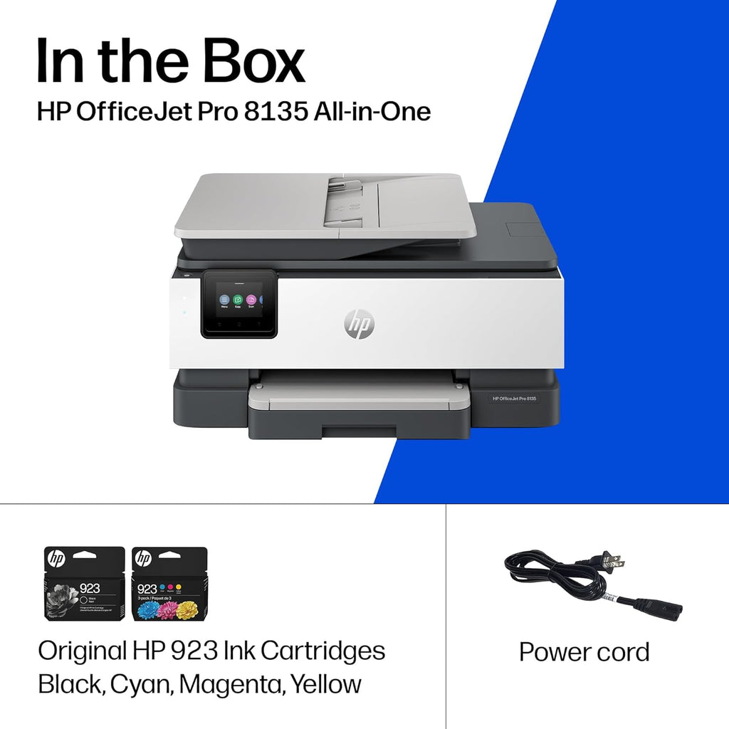 HP OfficeJet Pro 8135 Wireless All-in-One Color Inkjet Printer, Print, Scan, Copy, Fax, ADF, Duplex Printing Best-for-Home-Office, 3 Month Trial of Instant Ink Included, AI-Capable (C2VK1A)