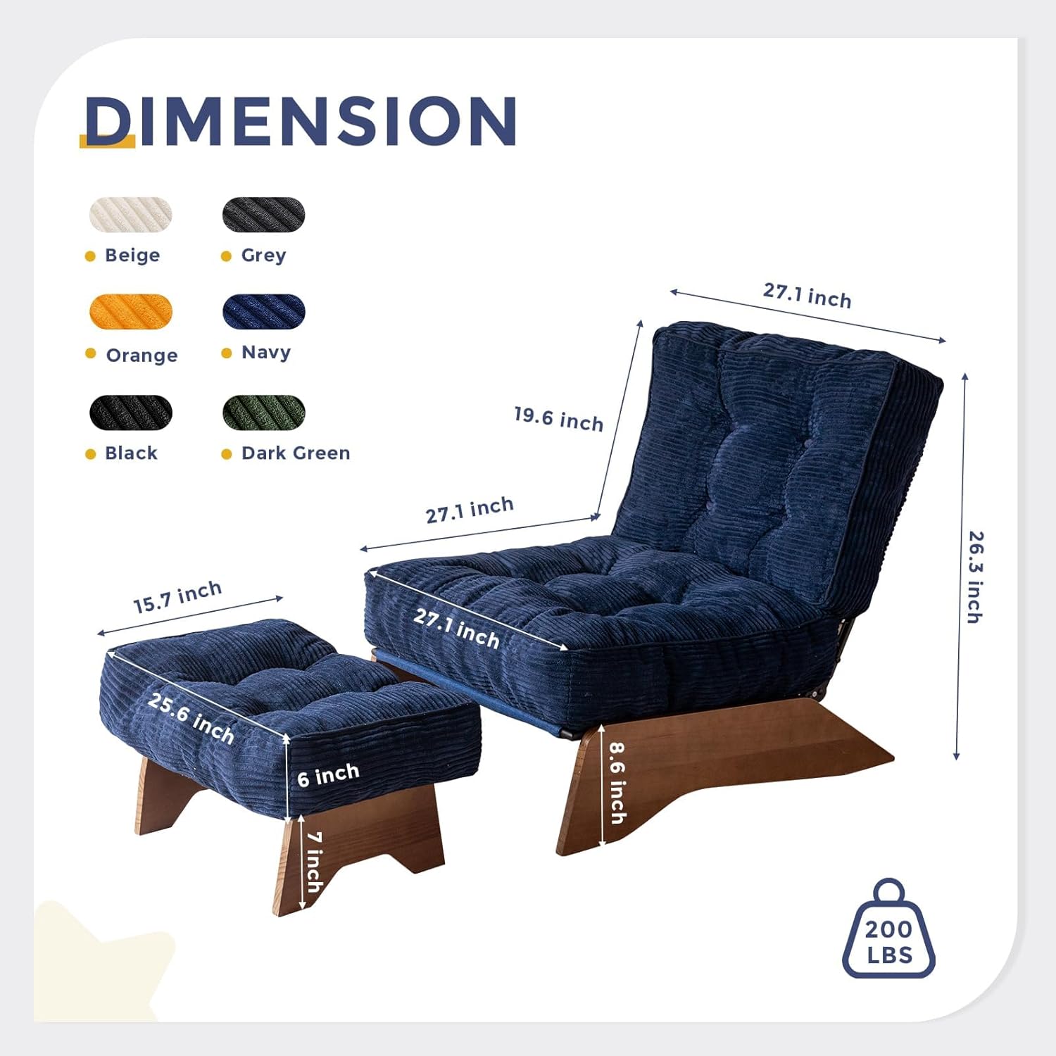 MAXYOYO Accent Chair with Ottoman Adjustable Backrest, Tufted Living Room Chair Upholstered Lounge Chair with Footrest Set, Modern Chair Cozy Reclining Chair for Reading Room, Navy