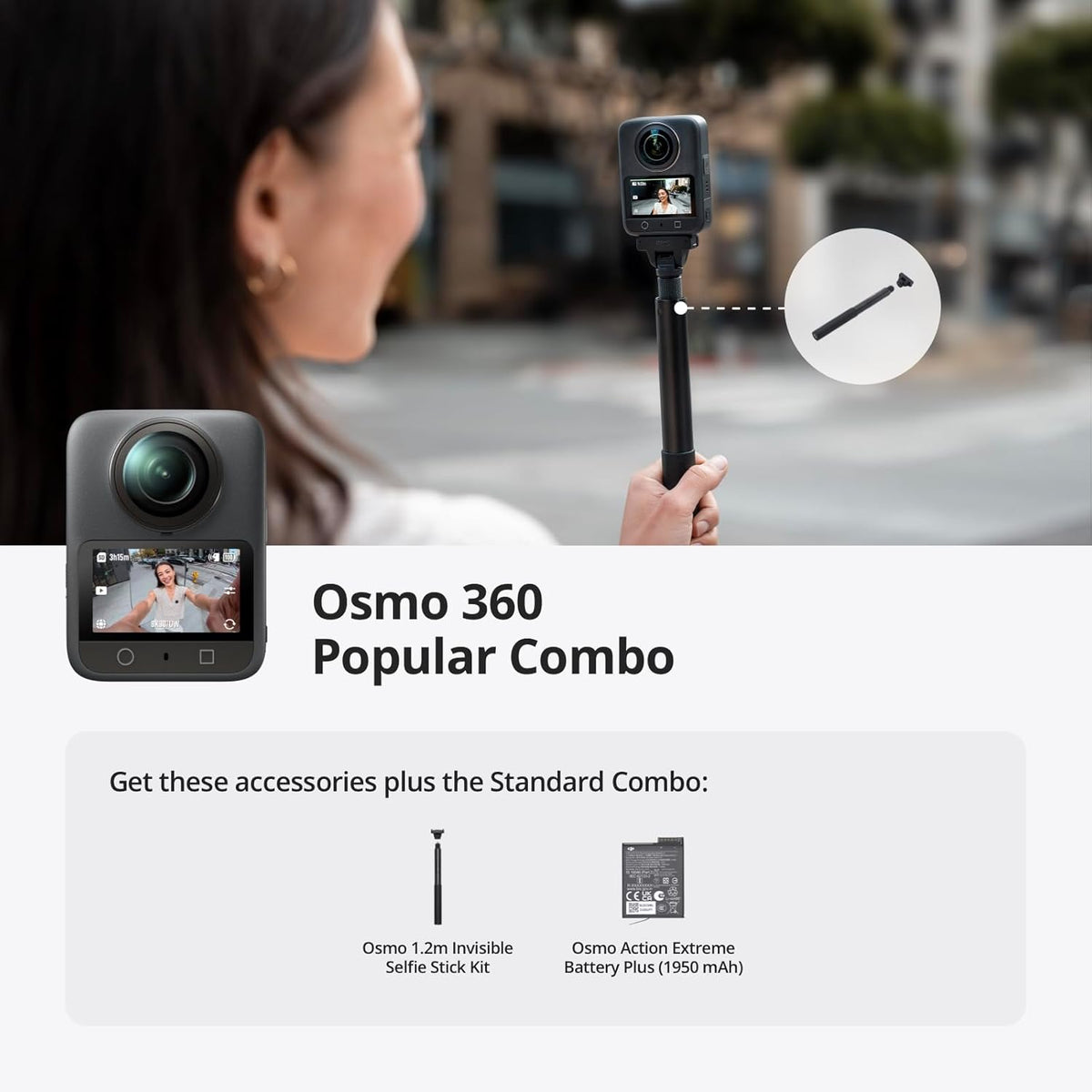 DJI Osmo 360 Essential Combo, 360 Camera with 1-Inch 360° Imaging, Native 8K 360° Video, 4K/120fps & 170° Boost Video, 1.2m Invisible Selfie Stick Kit, Extended Battery Life with 2 Batteries
