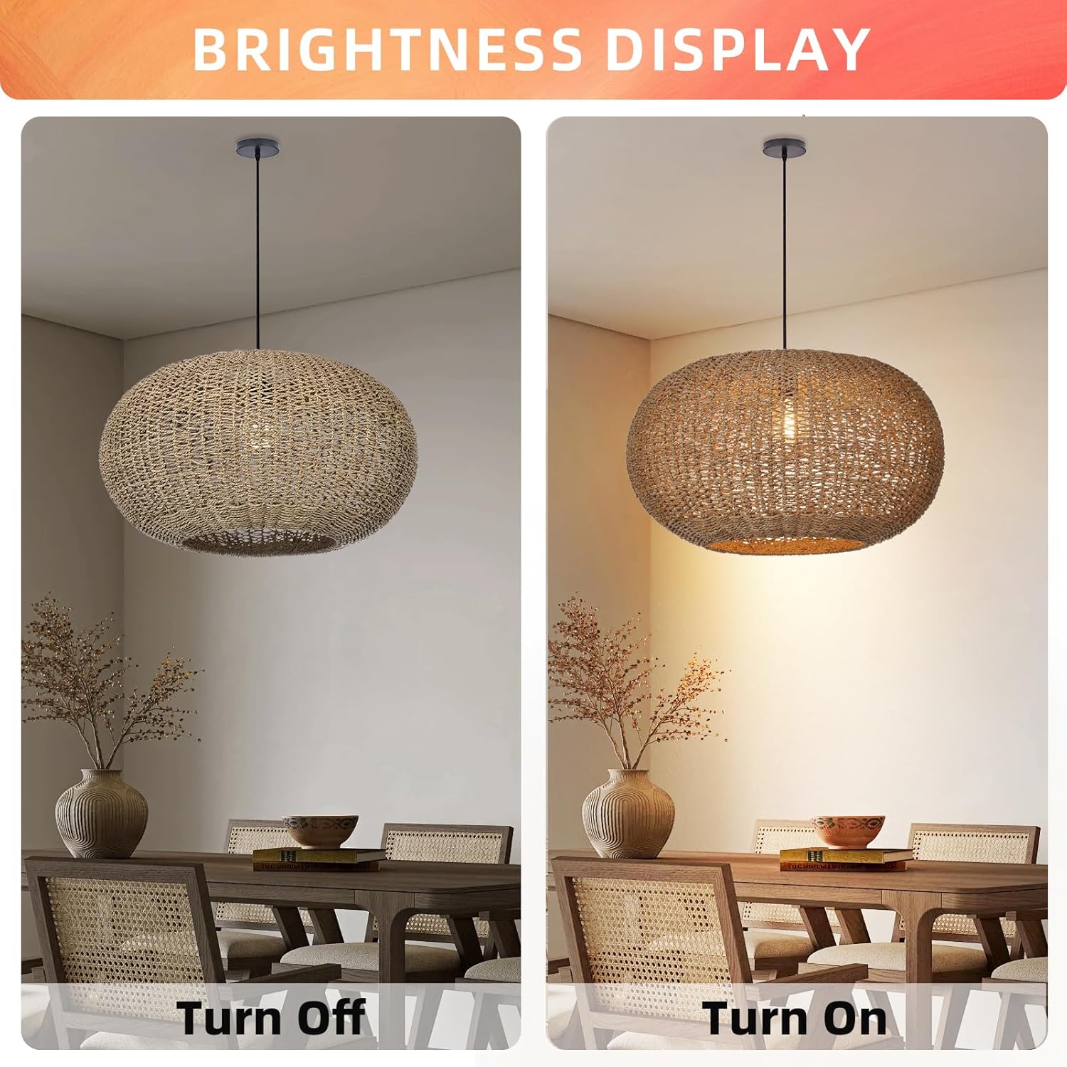 Arturesthome Large Natural Hand Weaved Rattan Pendant Lamp,Coastal Beach Boho Chandelier for Kitchen Hallway Bedroom Dinning Room Living Room Dia 23.6 in