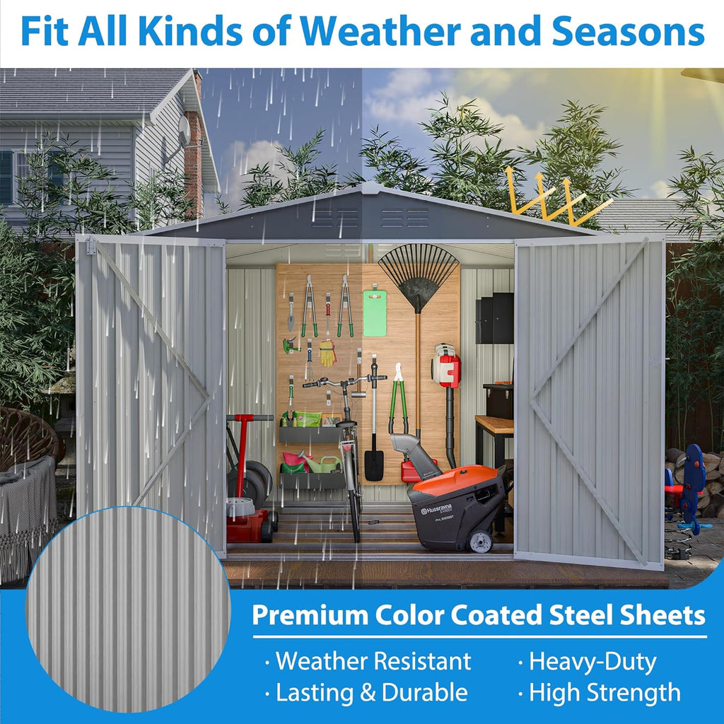 8x6 FT Outdoor Metal Storage Shed, Gray, with Floor Foundation, Lockable Hinged Doors, Air Vents, for Backyard and Lawn