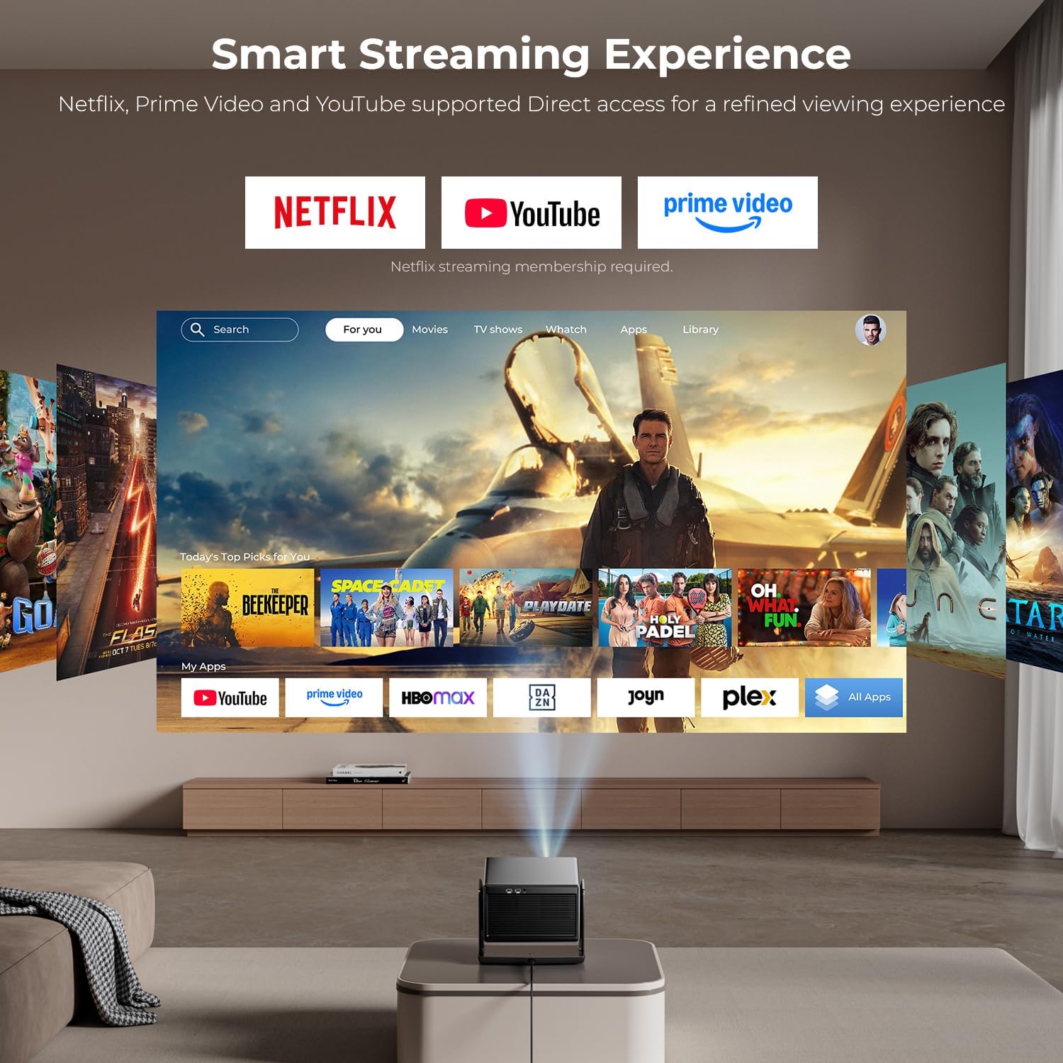 ELEPHAS Smart 4K Projector with WiFi and Bluetooth - Compatible with Netflix/Prime Video/YouTube, 270° Rotatable, AI Auto Focus & Keystone, Portable Home Theater Movie Projector for Indoor Outdoor