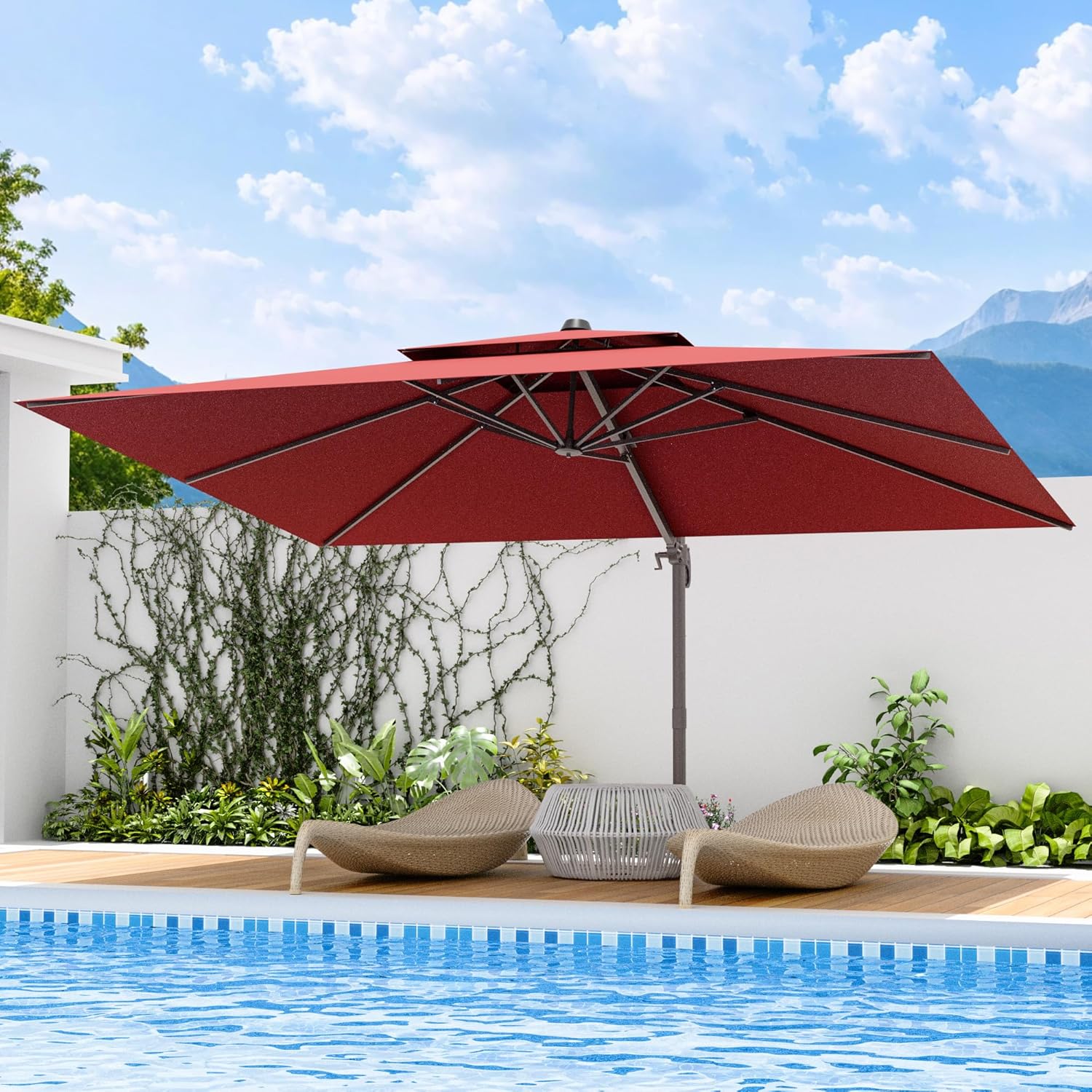 9x12 FT Patio Umbrella, Large Cantilever Rectangular Double Top Heavy Duty Offset Umbrellas with 360° Rotation, Outdoor shade for Garden Deck Pool, Red