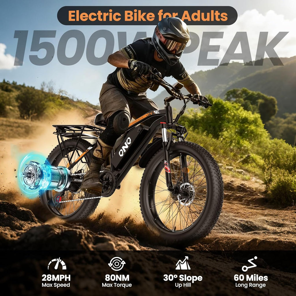 Adult Fat Tire Electric Bike 1500W Peak Motor - 48V 15Ah Fast Electric Mountain Bike, 28MPH & 60 Miles Long Range Ebike, 26" All Terrain E-Bike for Men Women with Lockable Suspension & 7 Speed Gears