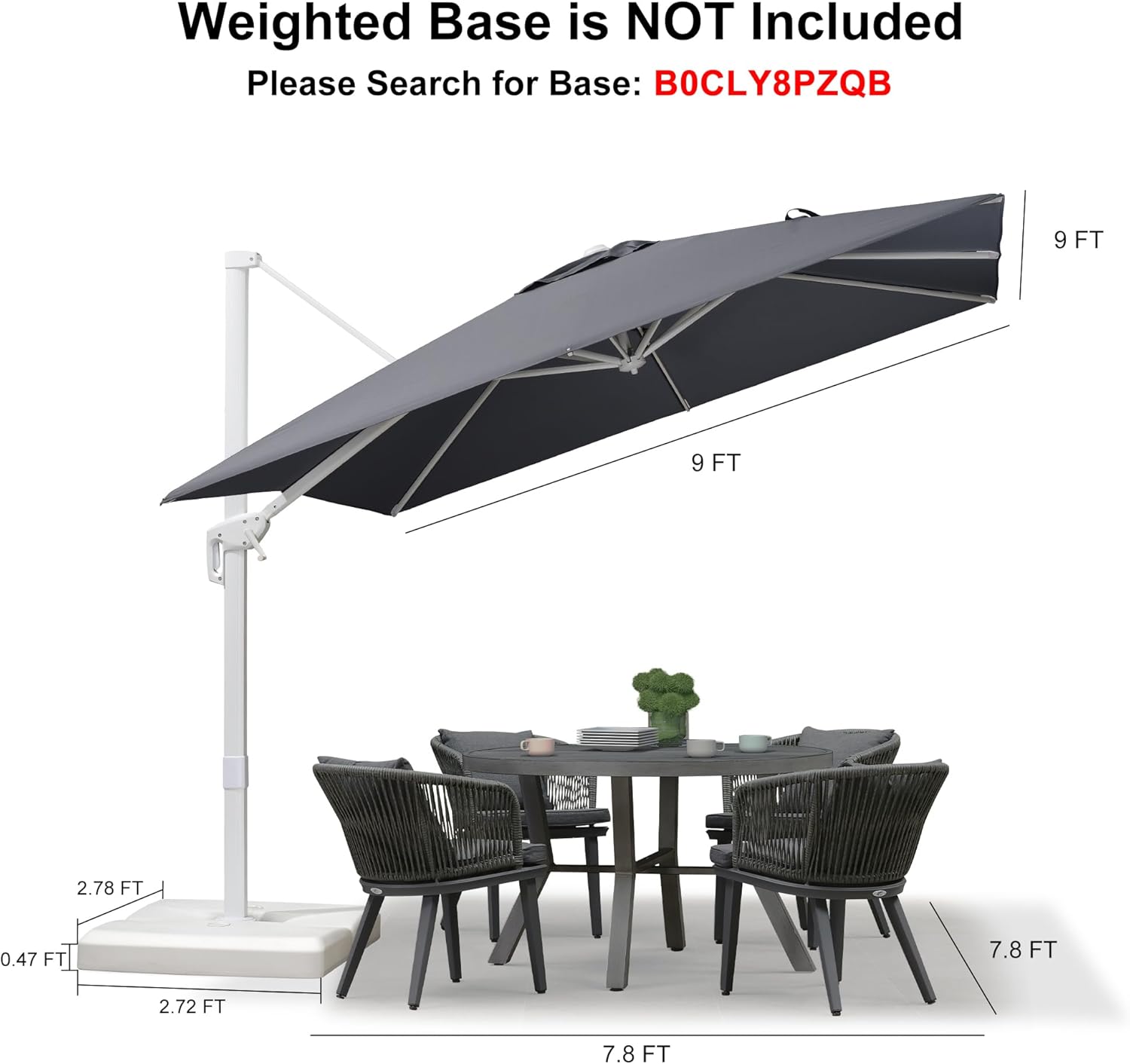 PURPLE LEAF 9 FT White Patio Umbrella With Base Cantilever Umbrella Outdoor Square Offset Umbrella Windproof with 360° Rotation for Deck Garden Pool, Light Grey