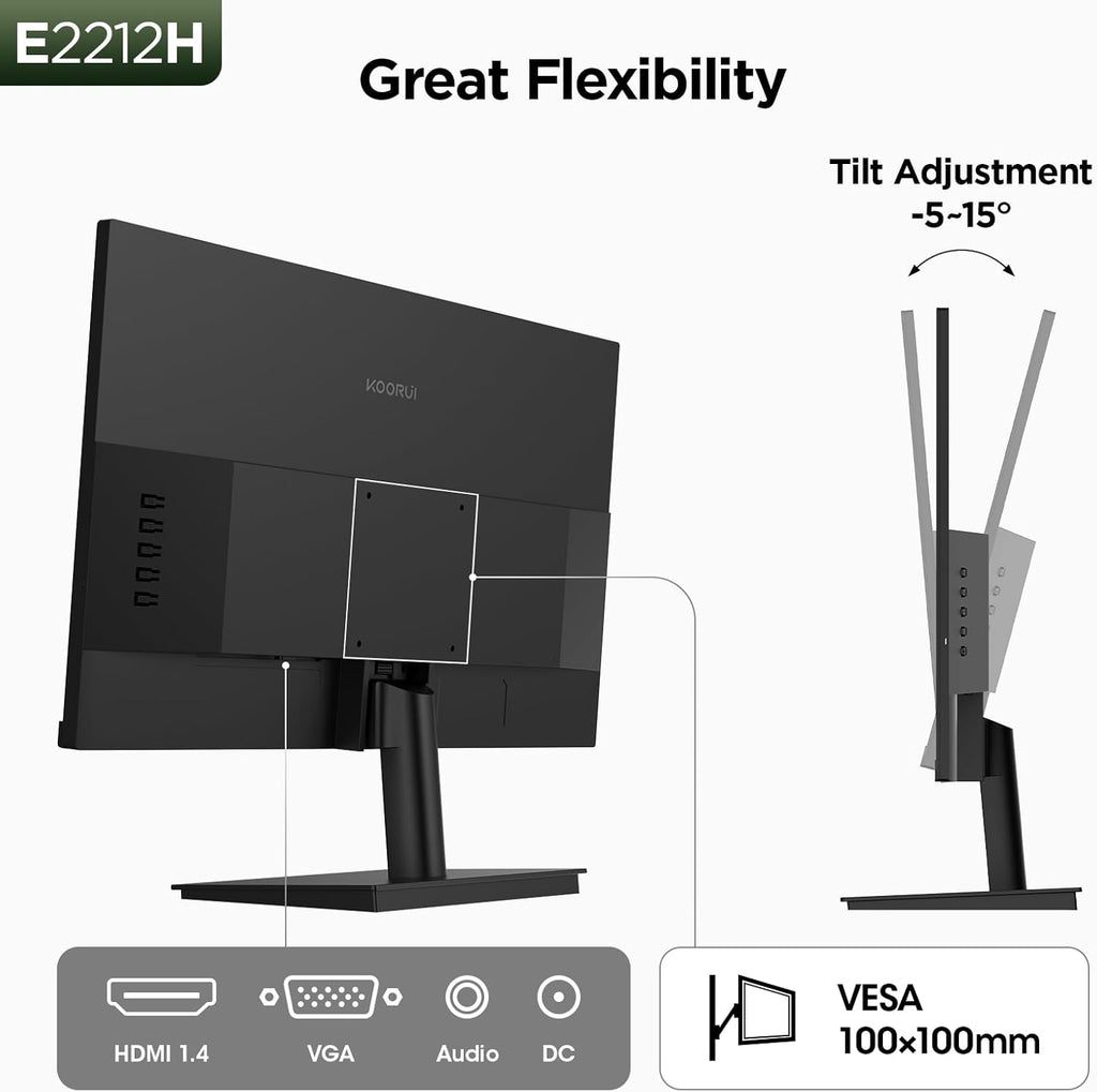 KOORUI New 22 Inch Computer Monitor FHD 1080P 120Hz PC Gaming Screen VA Panel Ultra-Slim Display 4000:1 Contrast Ratio with Adpitive Sync (HDMI/VGA/VESA Compatible 100x100mm/Audio Out), Tilt, Black