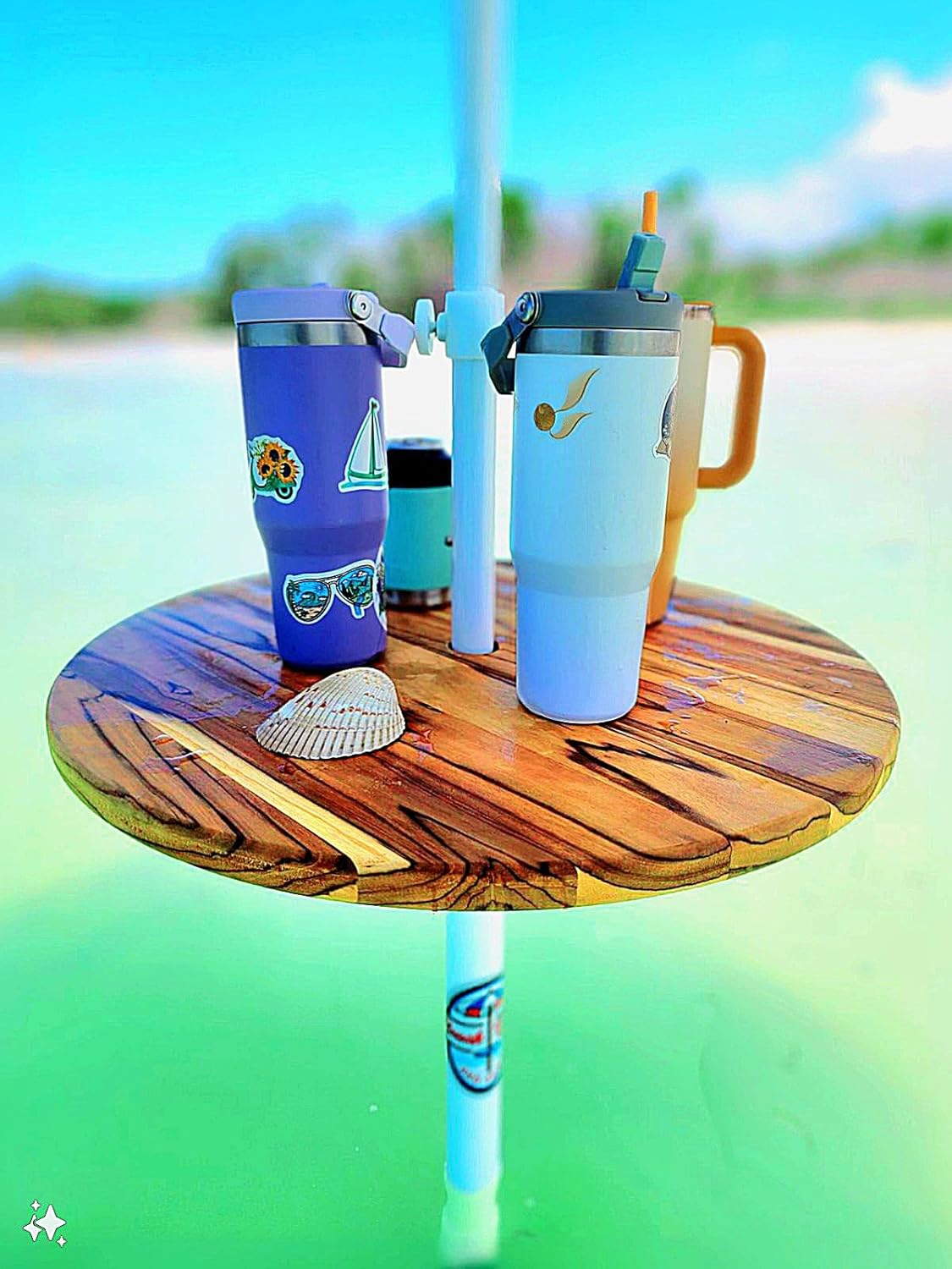 – Premium Portable Beach Umbrella Table System – 24" Teak Table with Adjustable Standpipe & Umbrella Included.