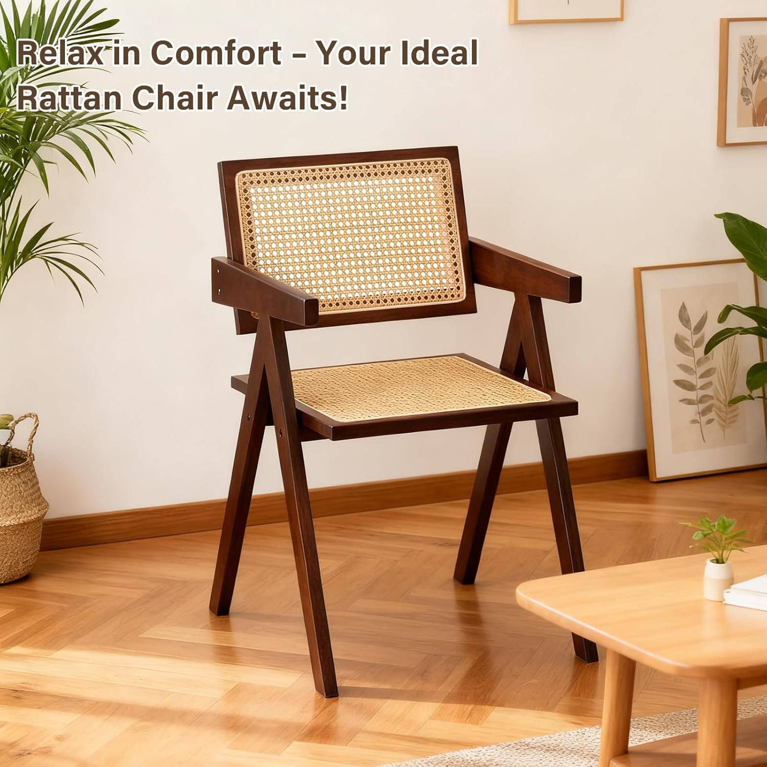 Furlide Rattan Accent Chairs, Modern Mid Century Dining Chairs Set of 2, Comfy Armchairs, Outdoor Rattan Chairs with Armrest for Bedroom Living Room Reading Room Dining Kitchen, Brown
