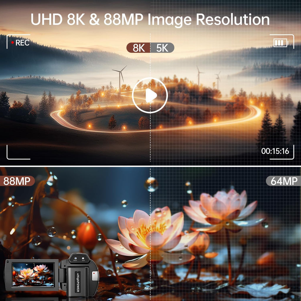 8K Video Camera 88MP UHD WiFi Vlogging Cameras for YouTube 18X Digital Zoom IR Night Vision 3.0'' Touch Screen Camcorder with 32GB Card, Microphone, Lens Hood, Stabilizer, Remote, Two Batteries