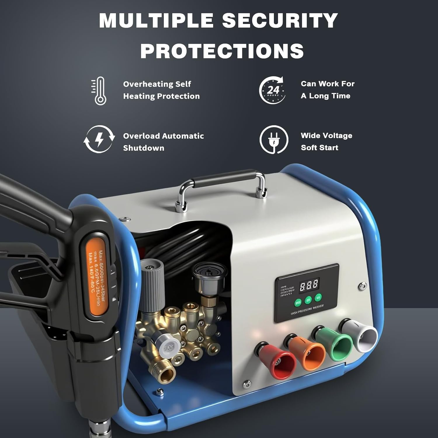 Yoking Pressure Washer, Max 150 bar, 12L/min, Power Washer for Cars, Driveways, Patios, Decks & Sidewalks, PM Inverter 3HP Motor,Horizontal Triplex Pump,60dB Quiet,with 7 Nozzles,Dual Wall/Floor Mount