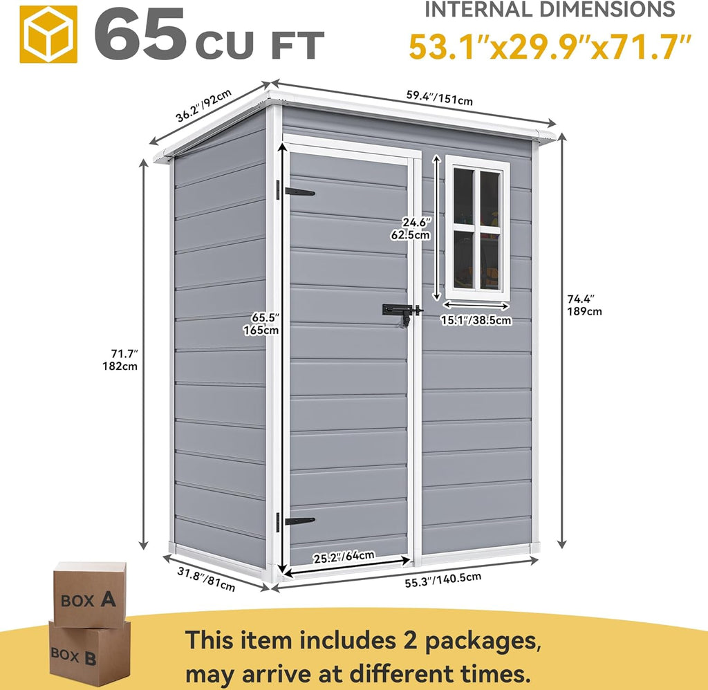 DWVO 5x3 FT Outdoor Storage Shed with Floor, All-Weather Resin Storage Shed with Window & Lockable Door, Waterproof Plastic Tool Storage for Garden Patio, Gray