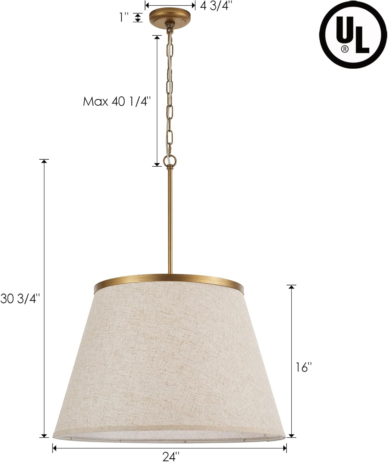24" Boho Chandelier, Tapered Fabric Drum and Antique Gold Accents Paint Finish Shade Pendant Lighting for Nursery Room Dining Room Living Room Kitchen