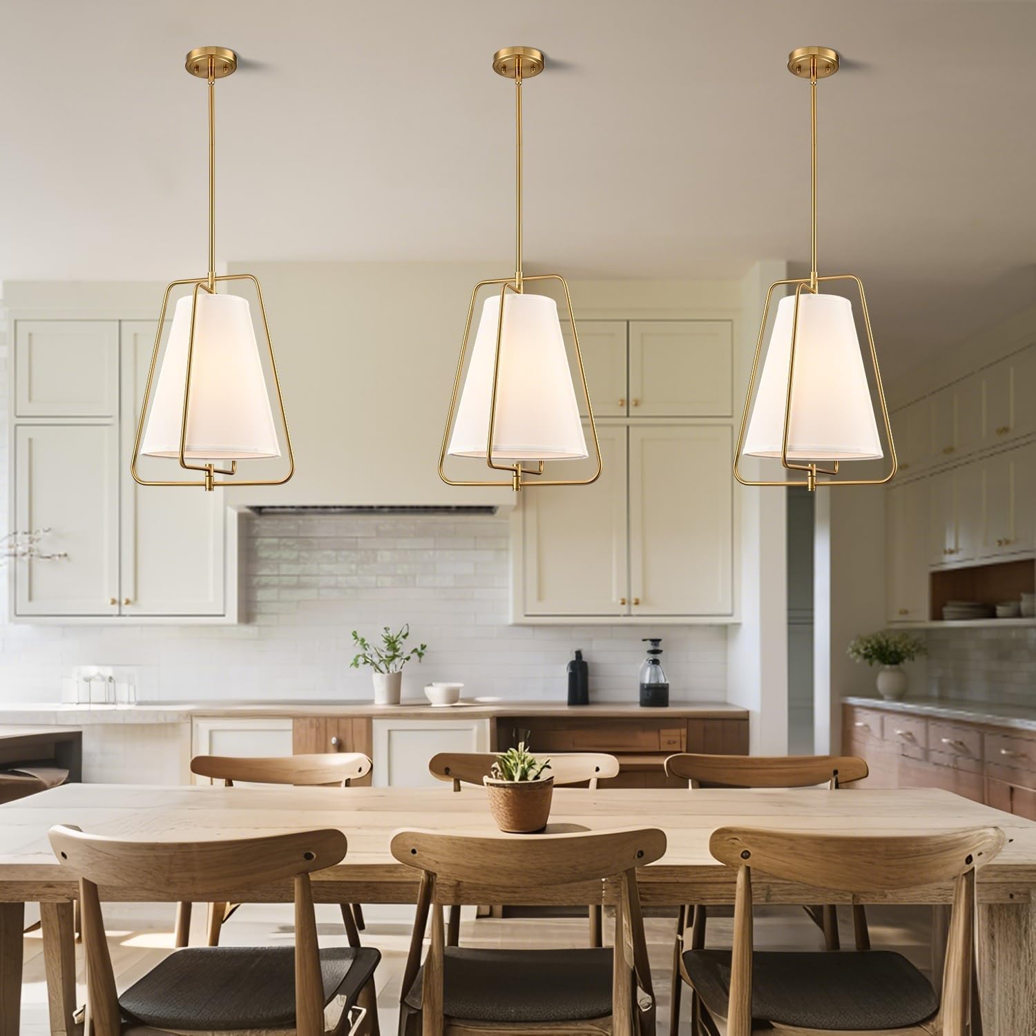 HYDELITE Vintage Gold Pendant Light with White Linen Fabric Adjustable Height Chandelier Brass for Living Room,Dining Room,Kitchen Island,Hallway