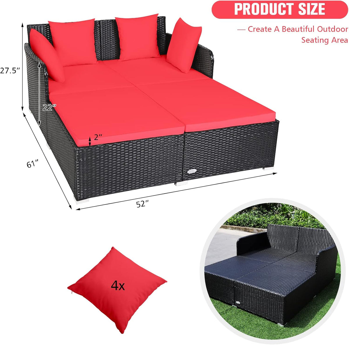 RELAX4LIFE Rattan Patio Outdoor Daybed, Wicker 2-Person Sunbed Loveseat with Soft Cushions, 4 Pillows, Curved Backrest & Armrest, Double Bed Lounger Sofa Set for Balcony Porch, Patio Bed (Red)