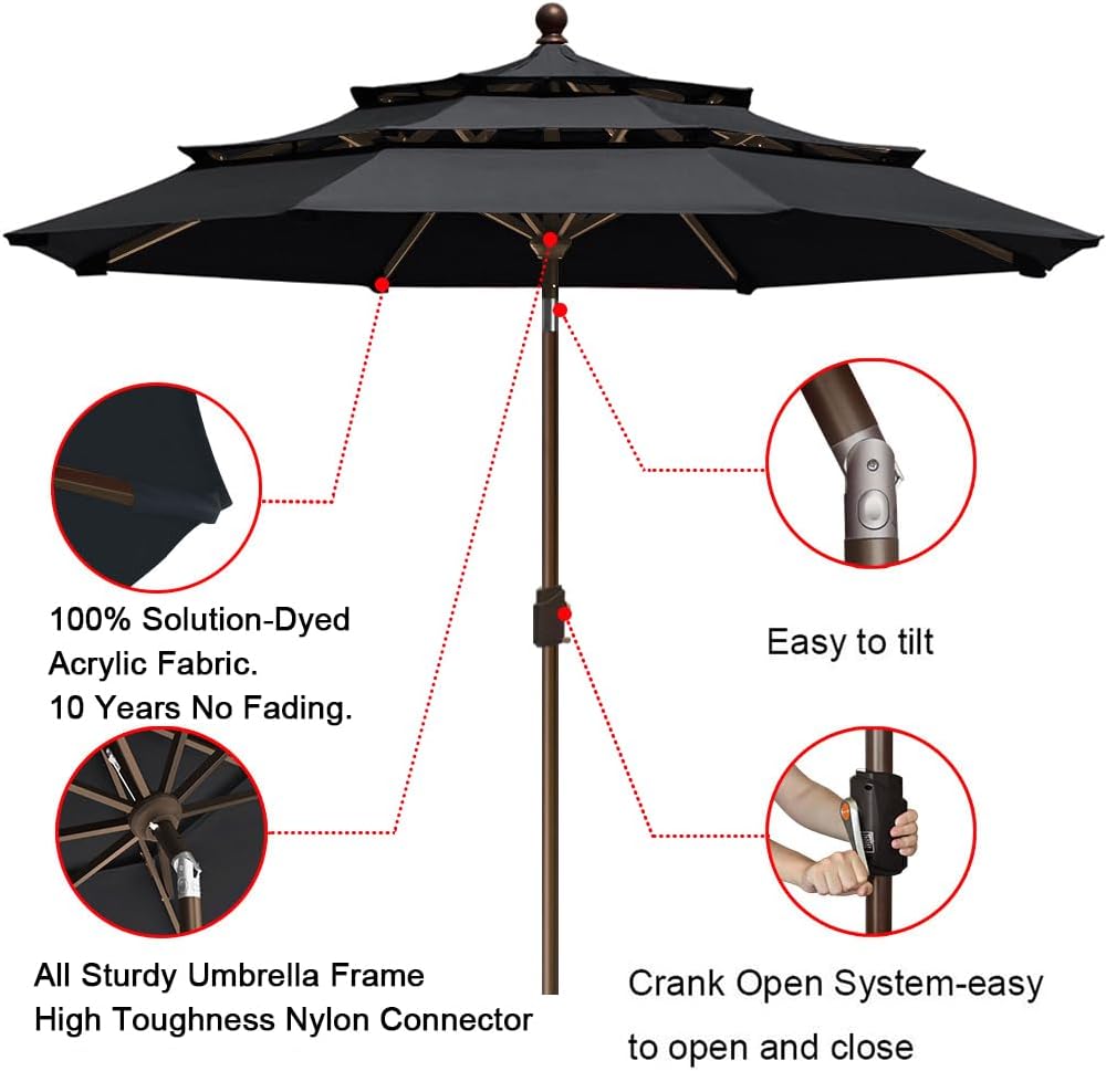EliteShade USA 10-Year-Non-Fading 9ft 3-Tier Market Patio Umbrella, Commercial Grade Outdoor Table Umbrella with Crank Open, Windproof & UPF 50+ UV Protection, Heavy Duty Ventilation for Garden, Deck, Pool, Backyard, Beach & Bistro, Black