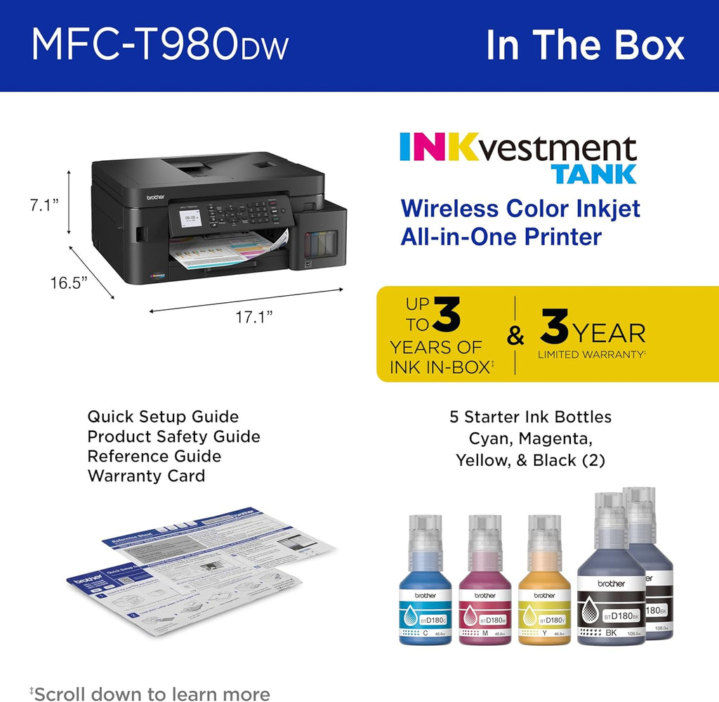 Brother INKvestment Tank 980 Wireless and Ethernet Color Inkjet All-in-One Printer with Multipurpose Tray | Includes up to 3 Years of Ink in-Box(1) and Limited Warranty(2) (MFC-T980DW)