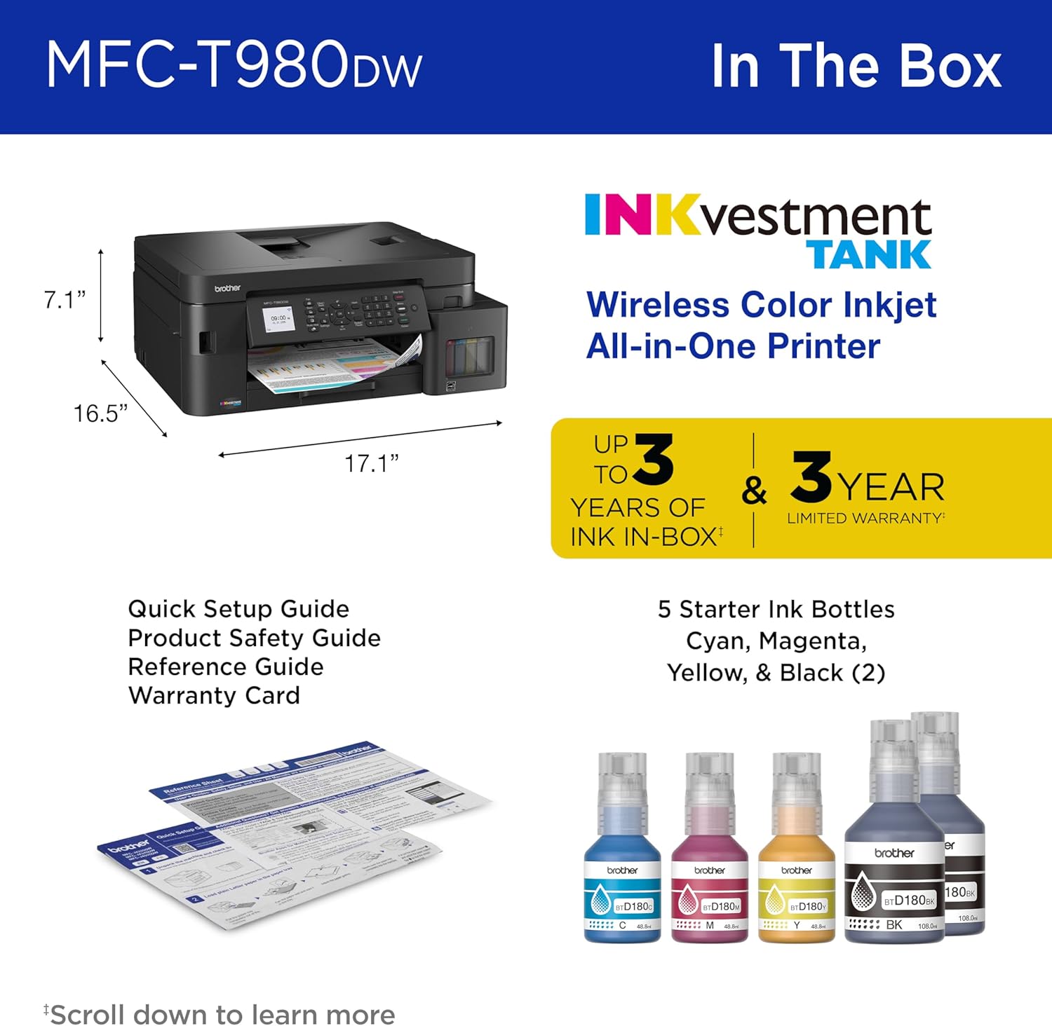Brother INKvestment Tank 980 Wireless and Ethernet Color Inkjet All-in-One Printer with Multipurpose Tray | Includes up to 3 Years of Ink in-Box(1) and Limited Warranty(2) (MFC-T980DW)