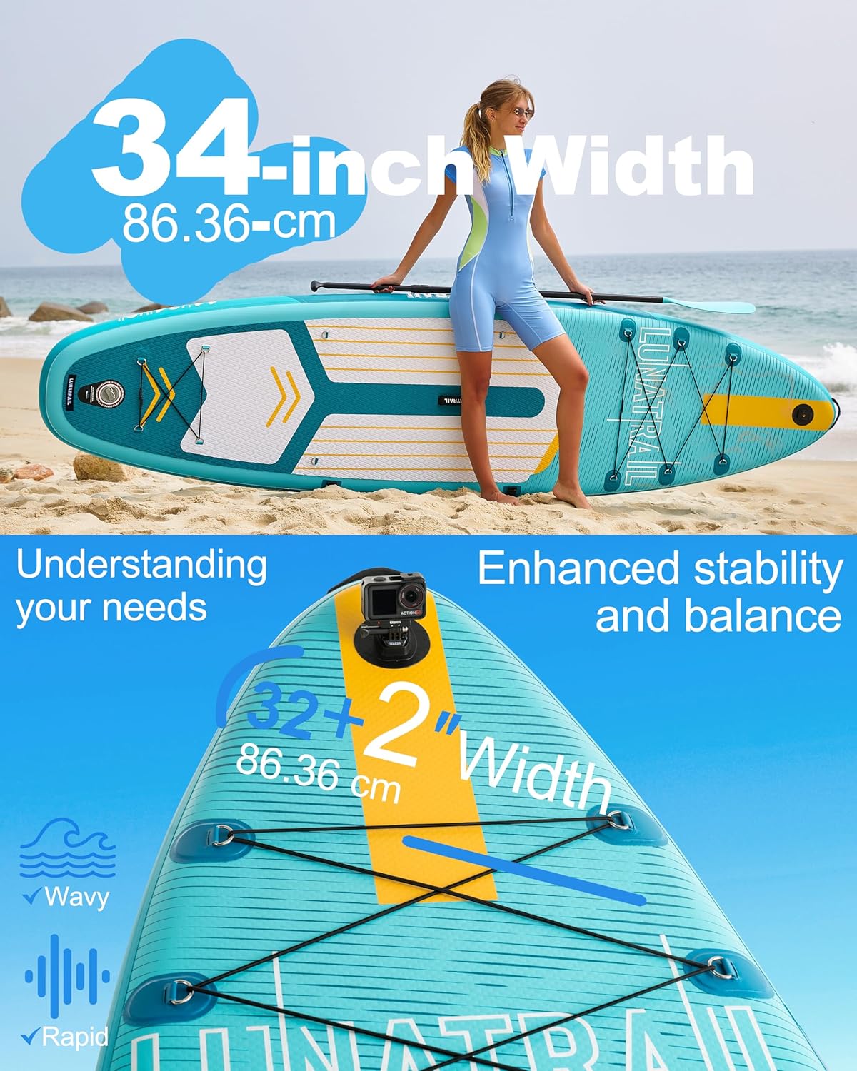 【11'×34"】 Extra Long/Extra Wide Premium Inflatable Stand Up Paddle Board (SUP) – Portable & Lightweight for Yoga, Surfing, Family Fun | Complete Kit with Paddle, Pump, Bag | Durable Design