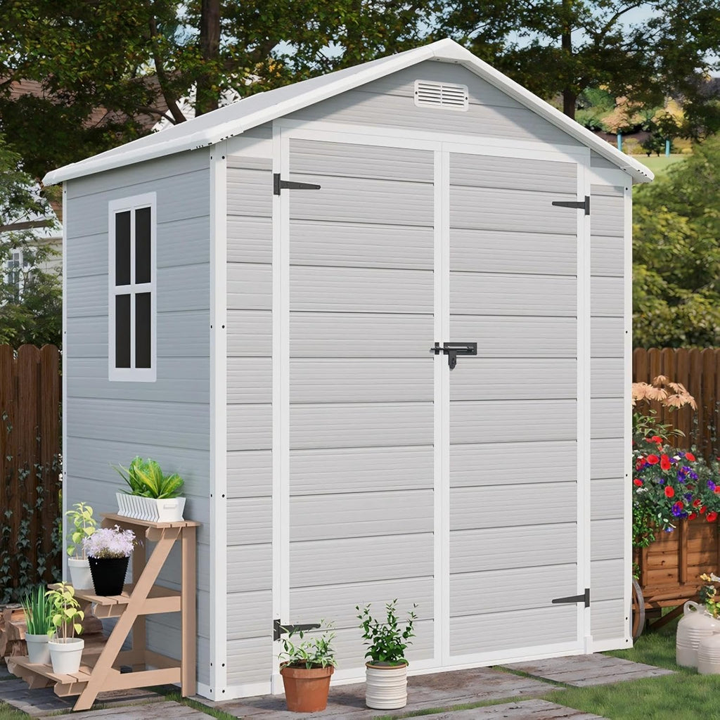 Patiowell 6 x 4 FT Plastic Outdoor Storage Shed with Floor, Resin Outside Sheds with Window, Garden Tool Shed with Lockable Door for Patio Storage, Backyard, Light Gray