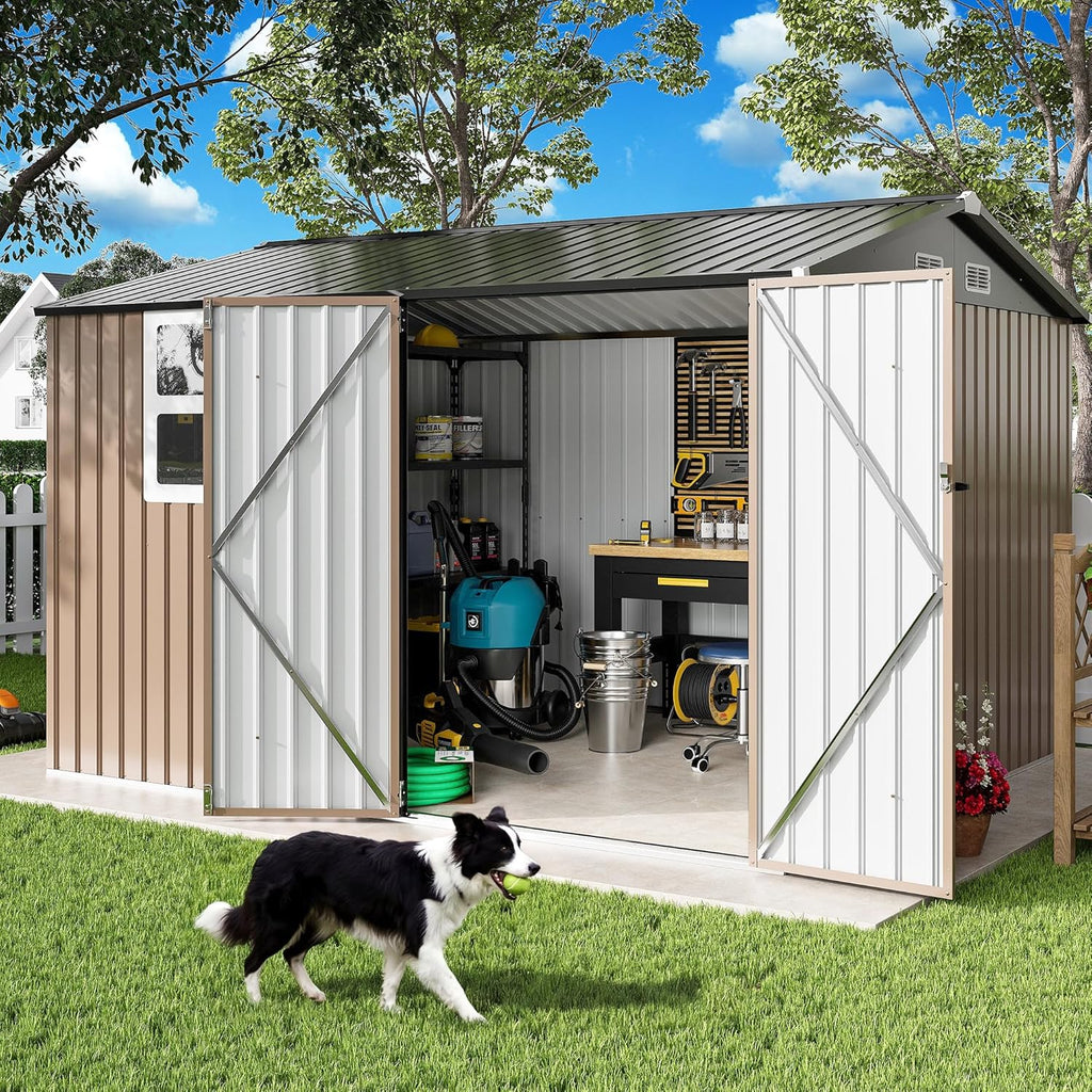 IRONCK 10x8.2 FT Storage Shed with Clear Window, Outdoor Tool Shed with Lockable Doors and Breathable Ventilation, Metal Garden Storage with 9.5x8 FT Base for Generators/Bikes/Wheelbarrows, Brown
