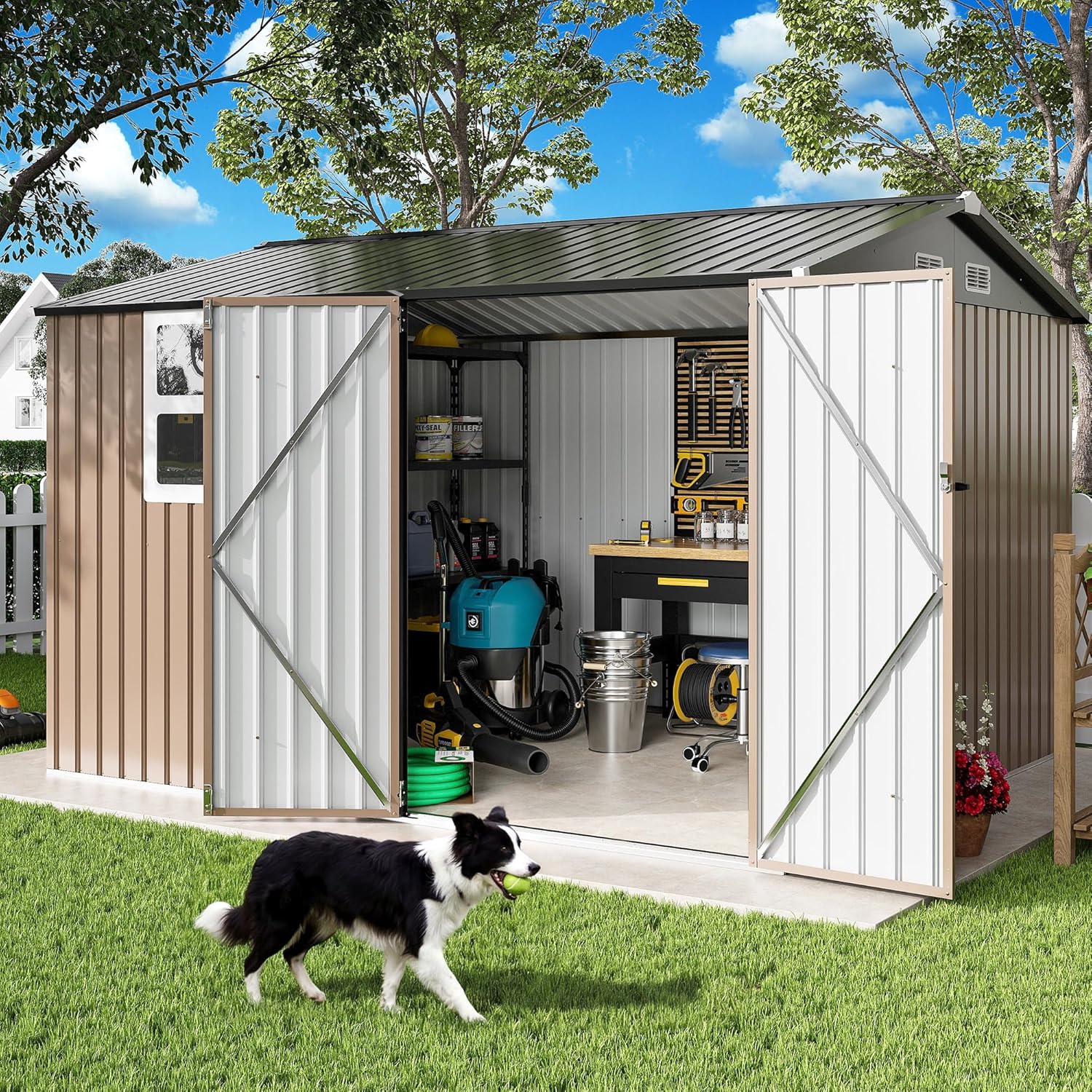 IRONCK 10x8.2 FT Storage Shed with Clear Window, Outdoor Tool Shed with Lockable Doors and Breathable Ventilation, Metal Garden Storage with 9.5x8 FT Base for Generators/Bikes/Wheelbarrows, Brown