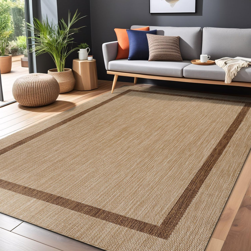 Luul Home Bordered Outdoor Rug 9x12 Washable Outside Carpet for Indoor Patio Porch Waterproof Easy Cleaning Non Shedding Area Rugs Jute Beige - Nut Brown 9 x 12