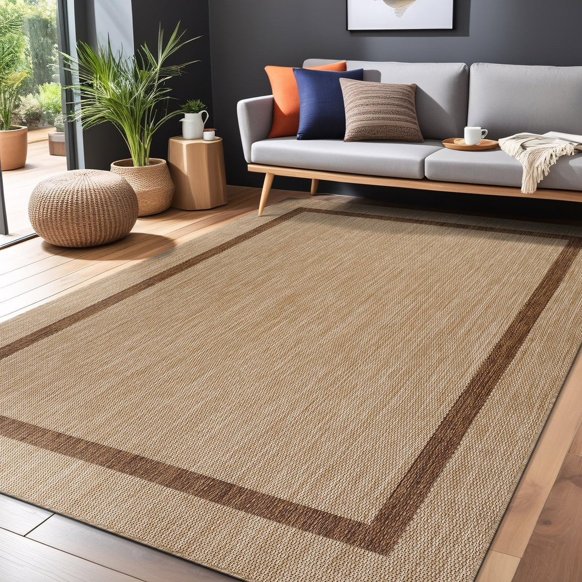 Luul Home Bordered Outdoor Rug 9x12 Washable Outside Carpet for Indoor Patio Porch Waterproof Easy Cleaning Non Shedding Area Rugs Jute Beige - Nut Brown 9 x 12