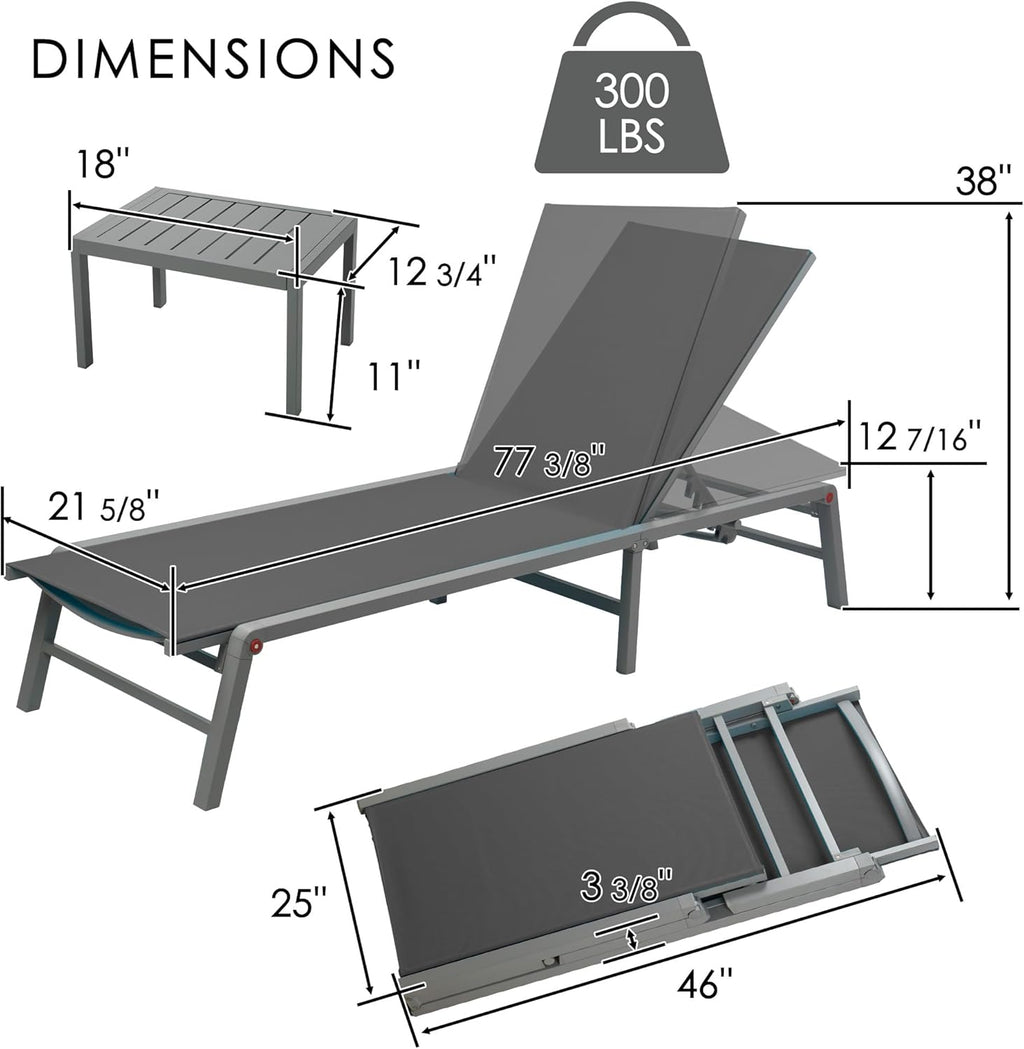 Kozyard 3-Pieces Patio Lounge Set, 2 Foldable Adjustable Lounge Chairs and Side Table, Aluminum Frame, Breathable Textilene Fabric, Assemble-Free, Reclining to Flat for Pool, Beach (Gray)