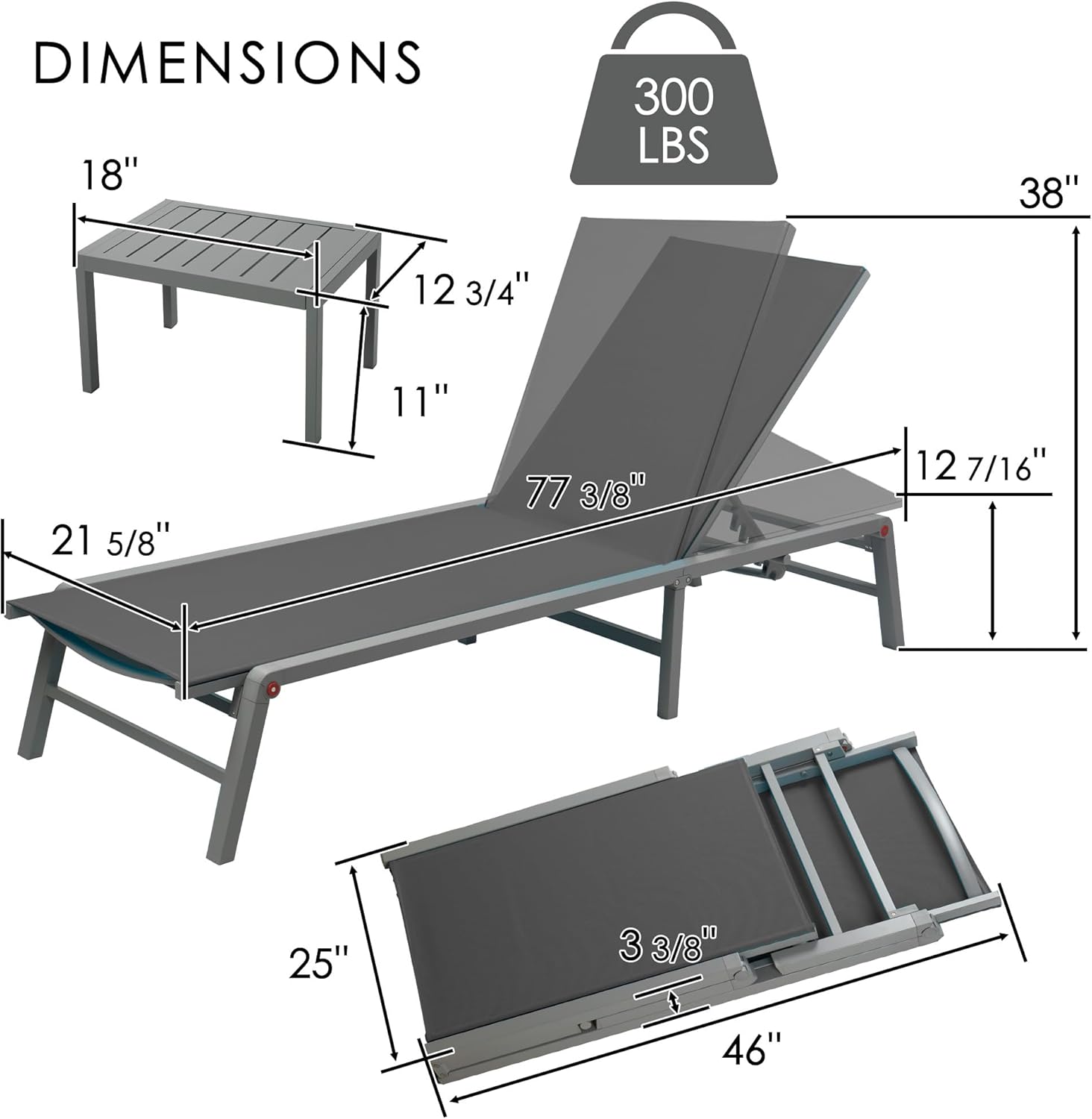 Kozyard 3-Pieces Patio Lounge Set, 2 Foldable Adjustable Lounge Chairs and Side Table, Aluminum Frame, Breathable Textilene Fabric, Assemble-Free, Reclining to Flat for Pool, Beach (Gray)