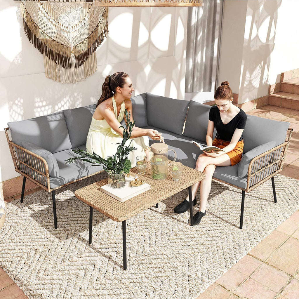 DWVO Patio Furniture Set, 4 Pieces Outdoor Patio Conversation Set, All-Weather PE Rattan Sectional L-Shaped Sofa with Soft Cushion and Side Table for Backyard, Porch, Boho Detachable Lounger (Gray)