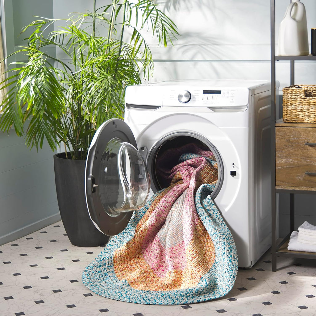 SAFAVIEH Washable Rug Outdoor Braided Collection - 6' x 9' Oval, Aqua & Pink, Handmade & Reversible, Non-Shedding & Easy to Clean, Ideal for Patio, Backyard, Mudroom (BRD318J)